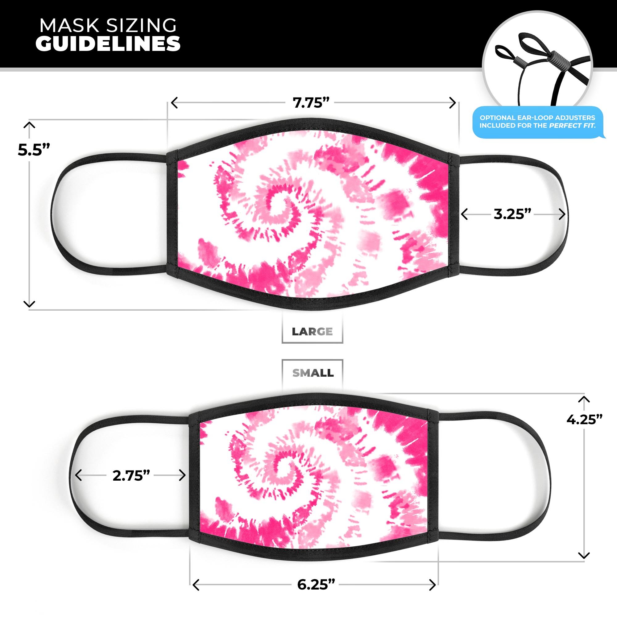 Spiral Tie Dye V6 mouth cover, made in the USA, featuring adjustable ear-loops and a soft cotton interior for comfort.