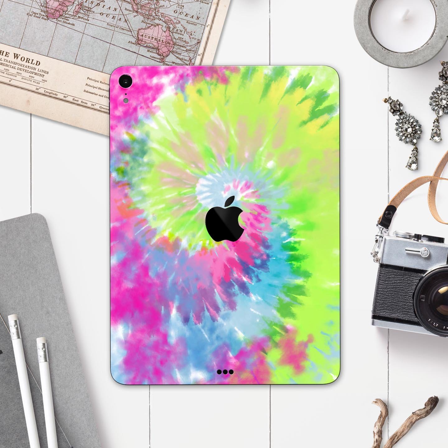 Spiral Tie Dye V7 skin decal for Apple iPad Pro 12.9", showcasing vibrant colors and a sleek design.