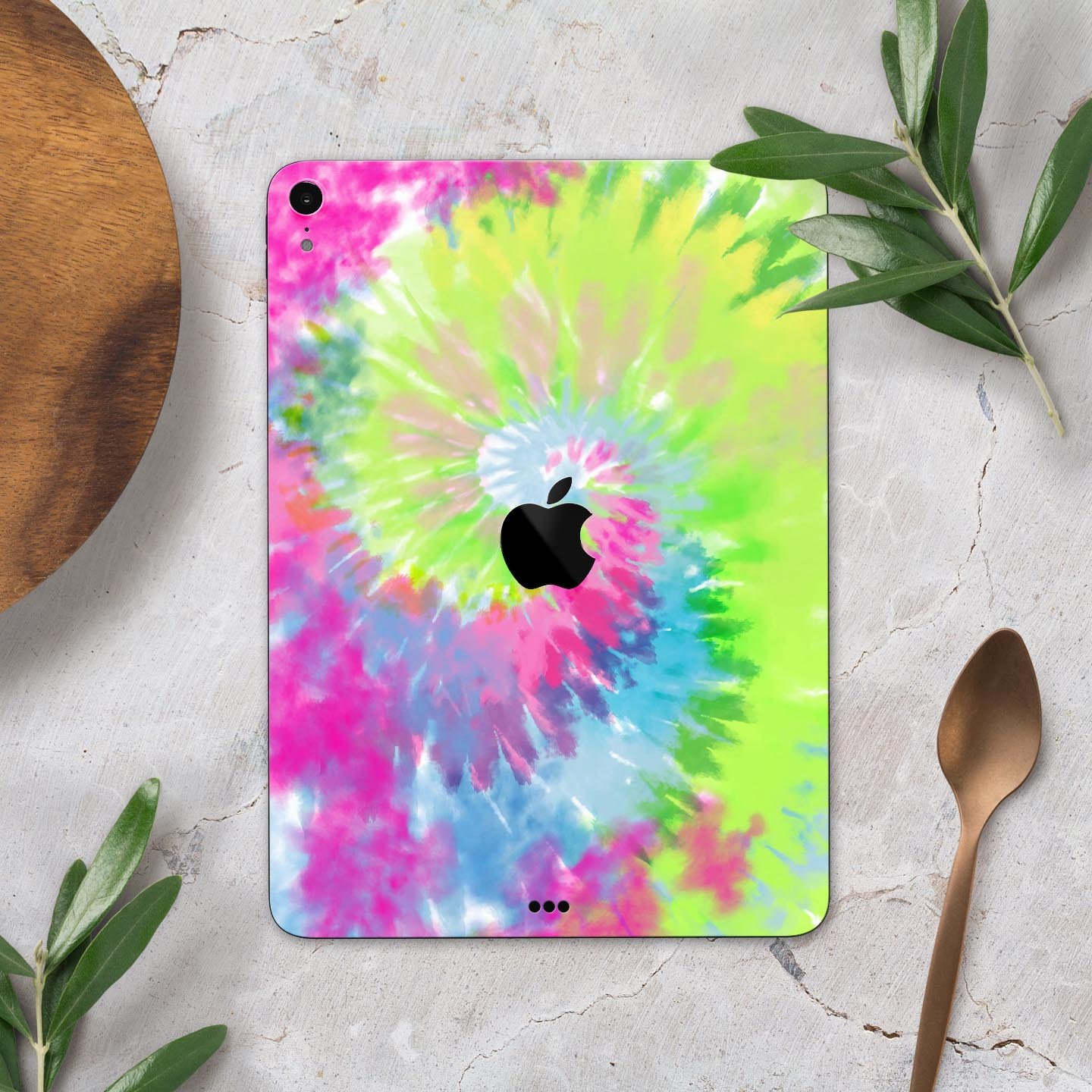 Spiral Tie Dye V7 skin decal for Apple iPad Pro 12.9", showcasing vibrant colors and a sleek design.