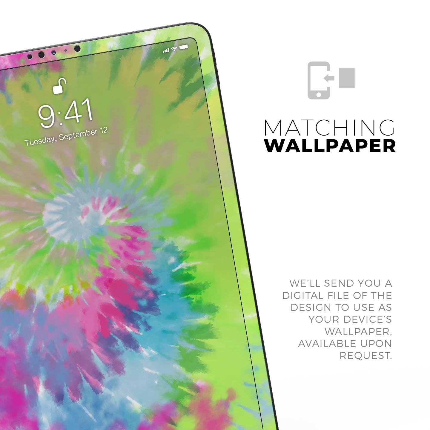 Spiral Tie Dye V7 skin decal for Apple iPad Pro 12.9", showcasing vibrant colors and a sleek design.