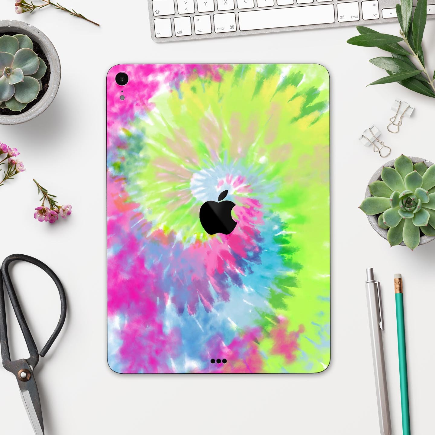 Spiral Tie Dye V7 skin decal for Apple iPad Pro 12.9", showcasing vibrant colors and a sleek design.