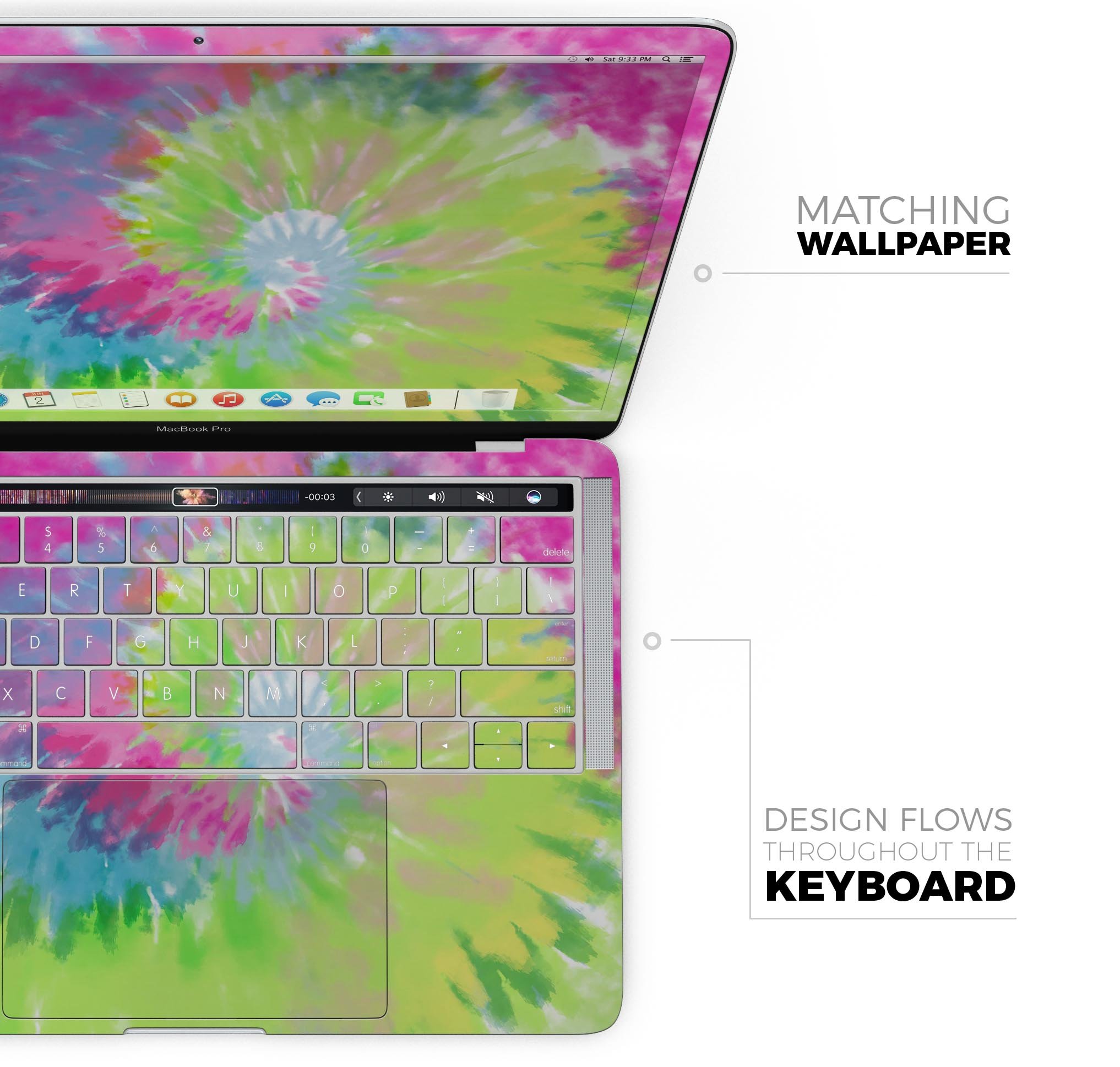 Spiral Tie Dye V7 skin decal wrap kit for Apple MacBook, showcasing vibrant colors and a sleek design.