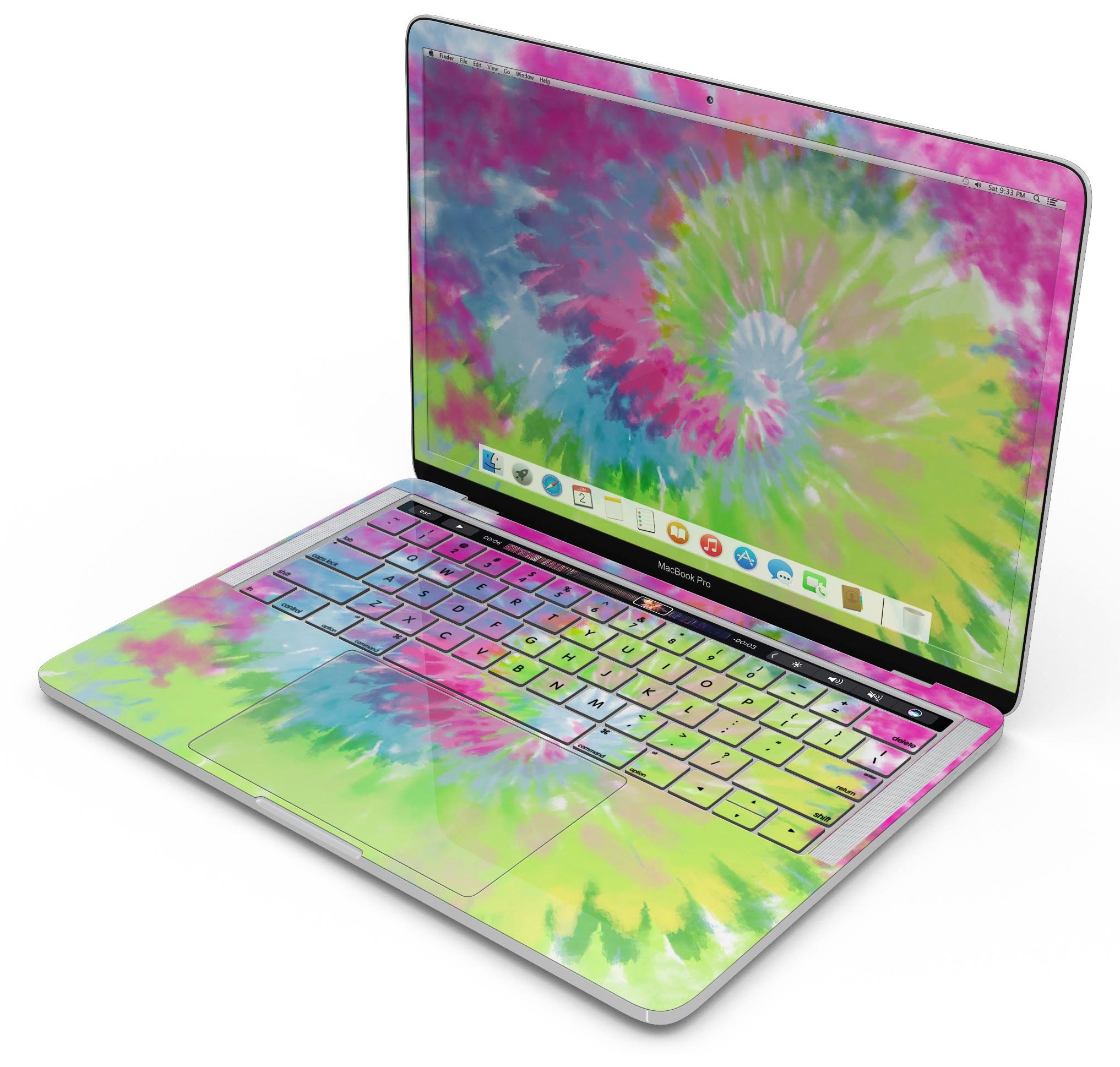 Spiral Tie Dye V7 skin decal wrap kit for Apple MacBook, showcasing vibrant colors and a sleek design.