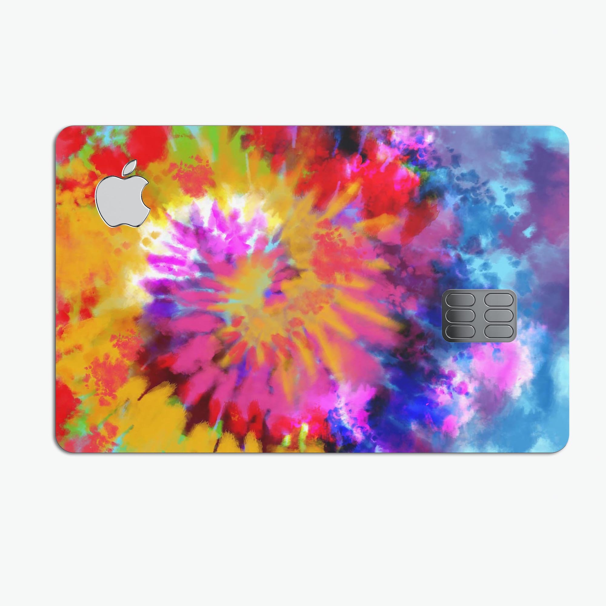 Spiral Tie Dye V8 decal skin for Apple Card, showcasing vibrant colors and premium vinyl material.