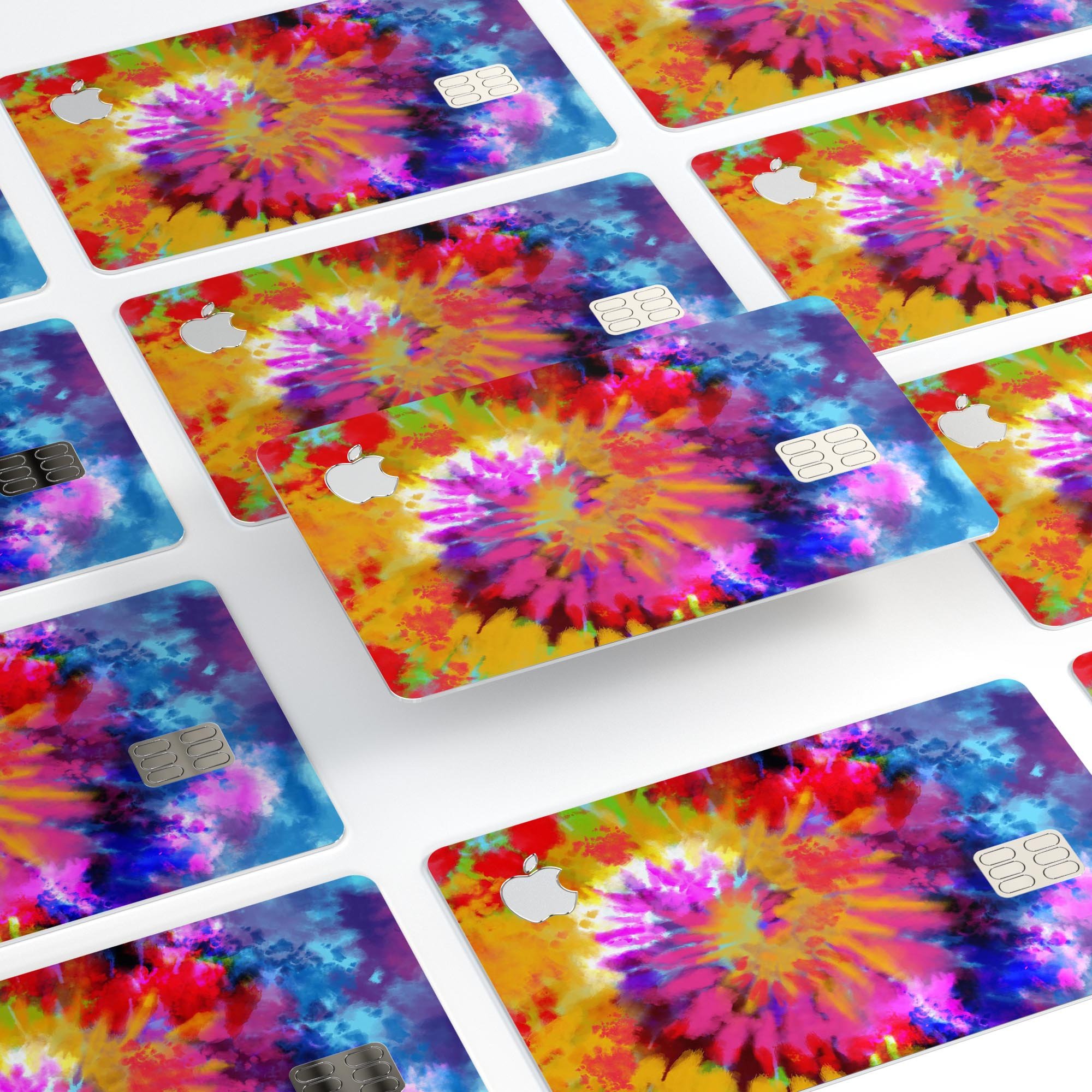 Spiral Tie Dye V8 decal skin for Apple Card, showcasing vibrant colors and premium vinyl material.