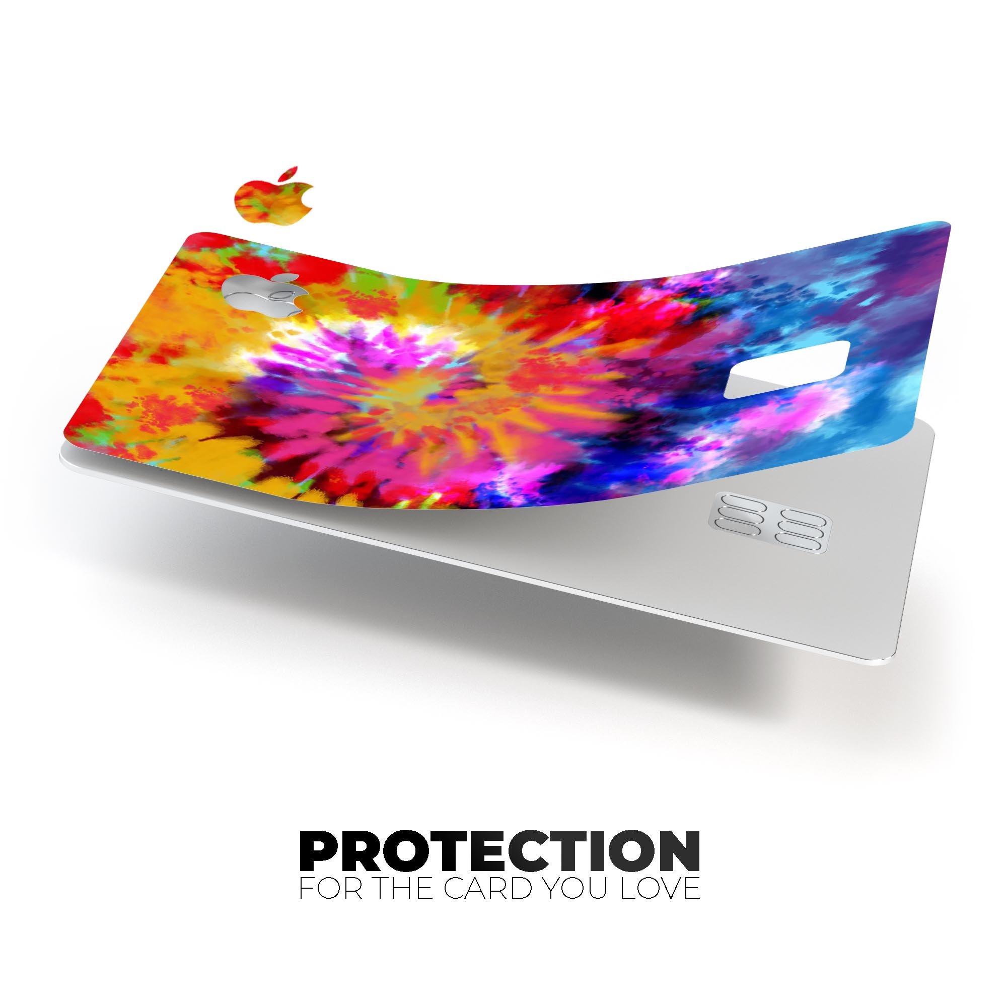 Spiral Tie Dye V8 decal skin for Apple Card, showcasing vibrant colors and premium vinyl material.