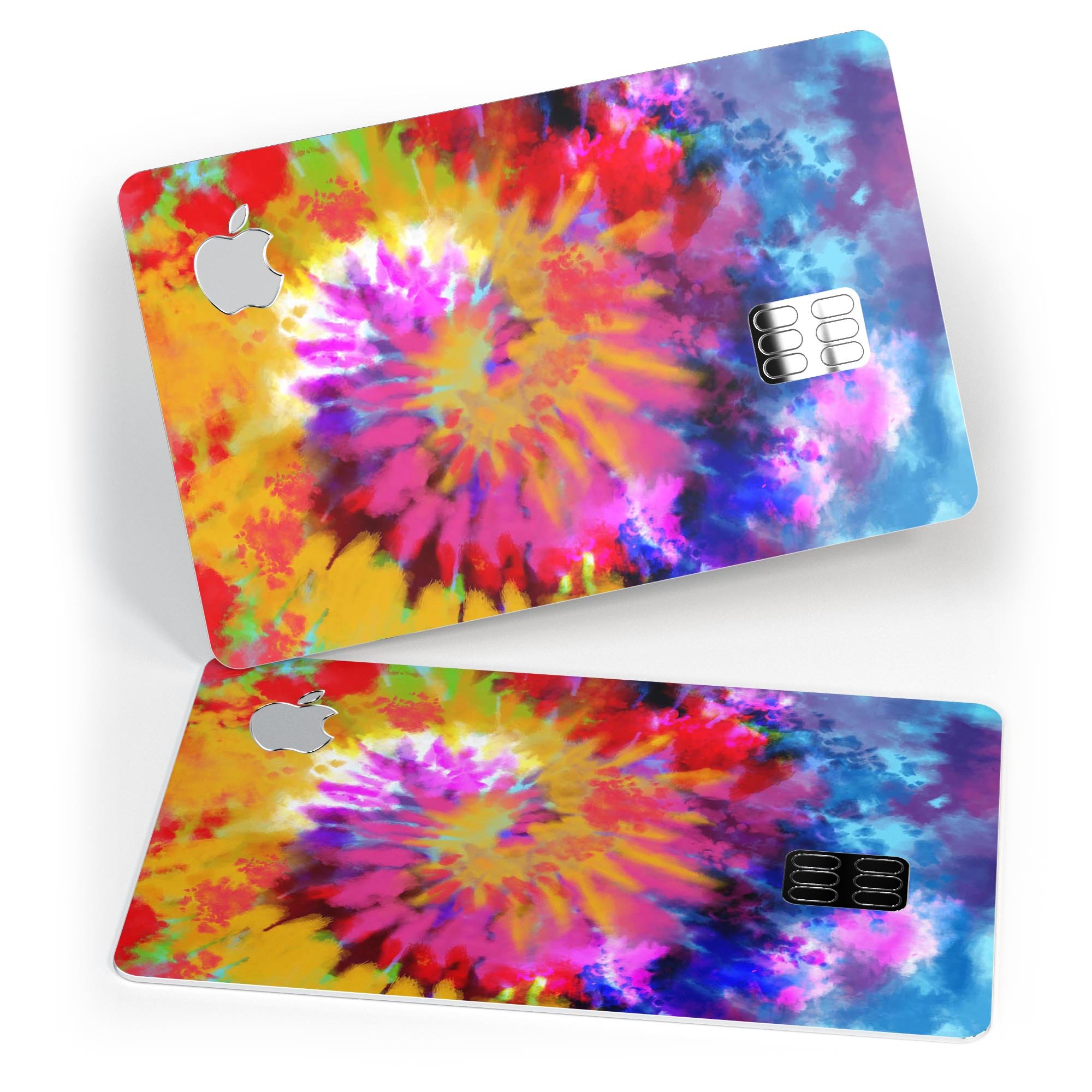 Spiral Tie Dye V8 decal skin for Apple Card, showcasing vibrant colors and premium vinyl material.