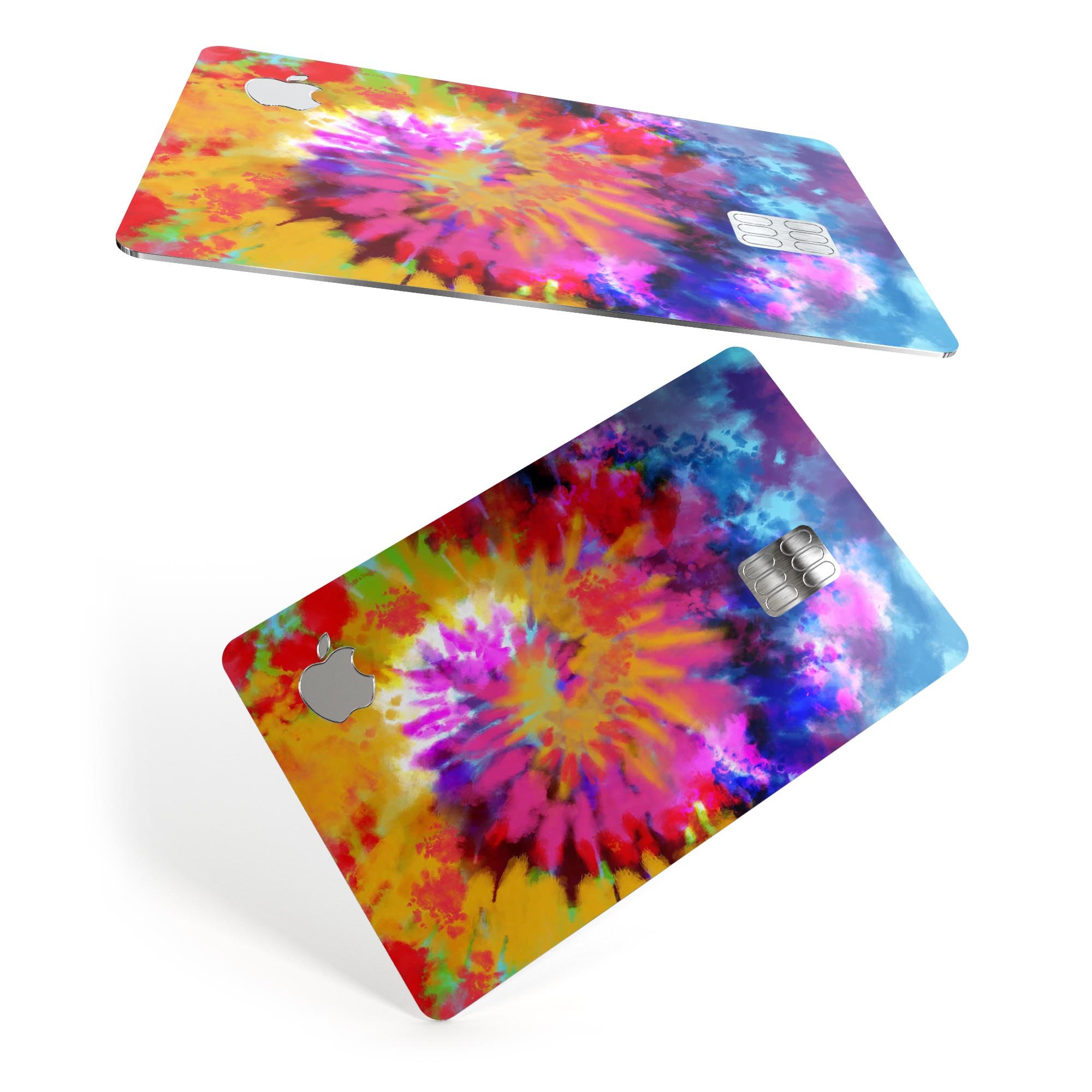 Spiral Tie Dye V8 decal skin for Apple Card, showcasing vibrant colors and premium vinyl material.