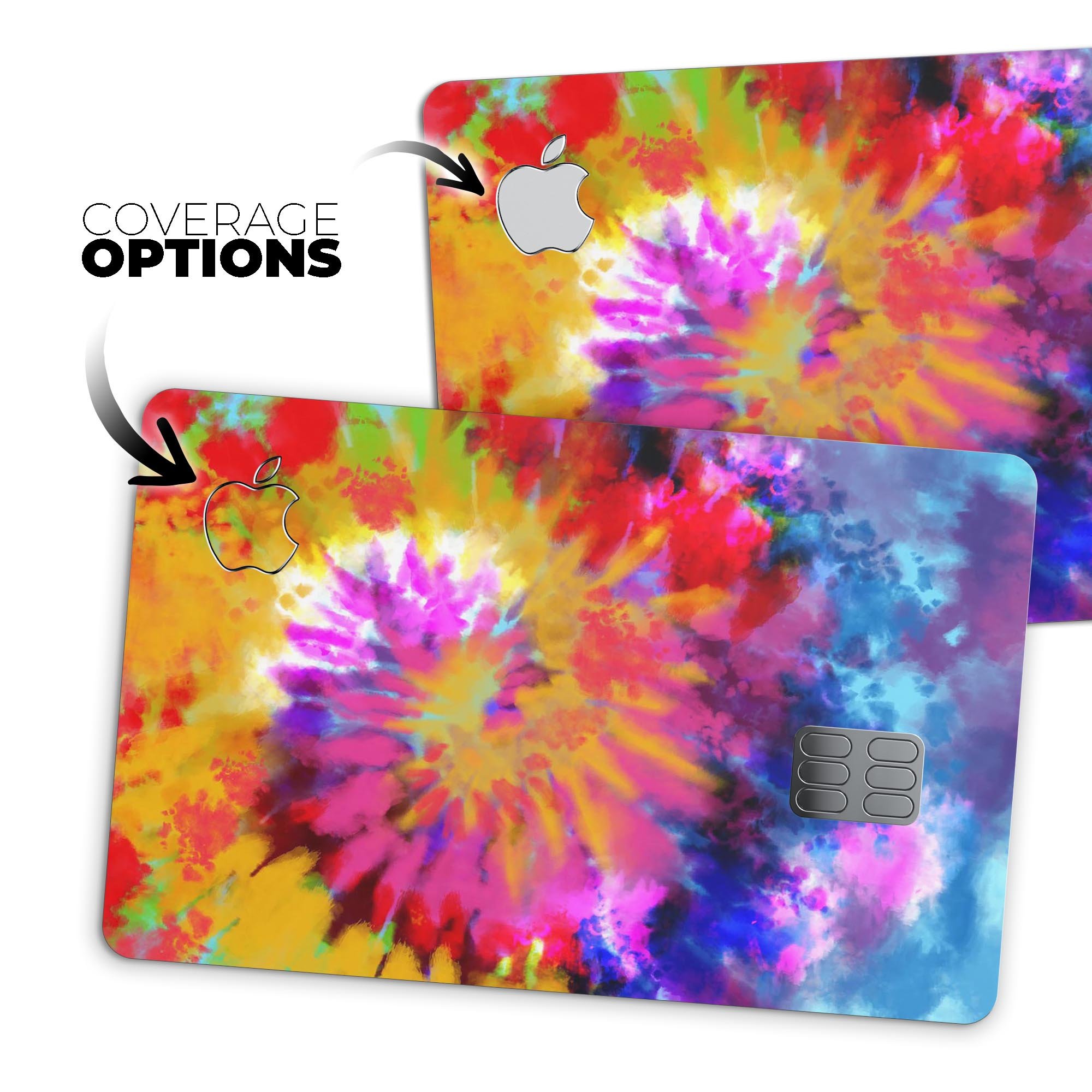 Spiral Tie Dye V8 decal skin for Apple Card, showcasing vibrant colors and premium vinyl material.