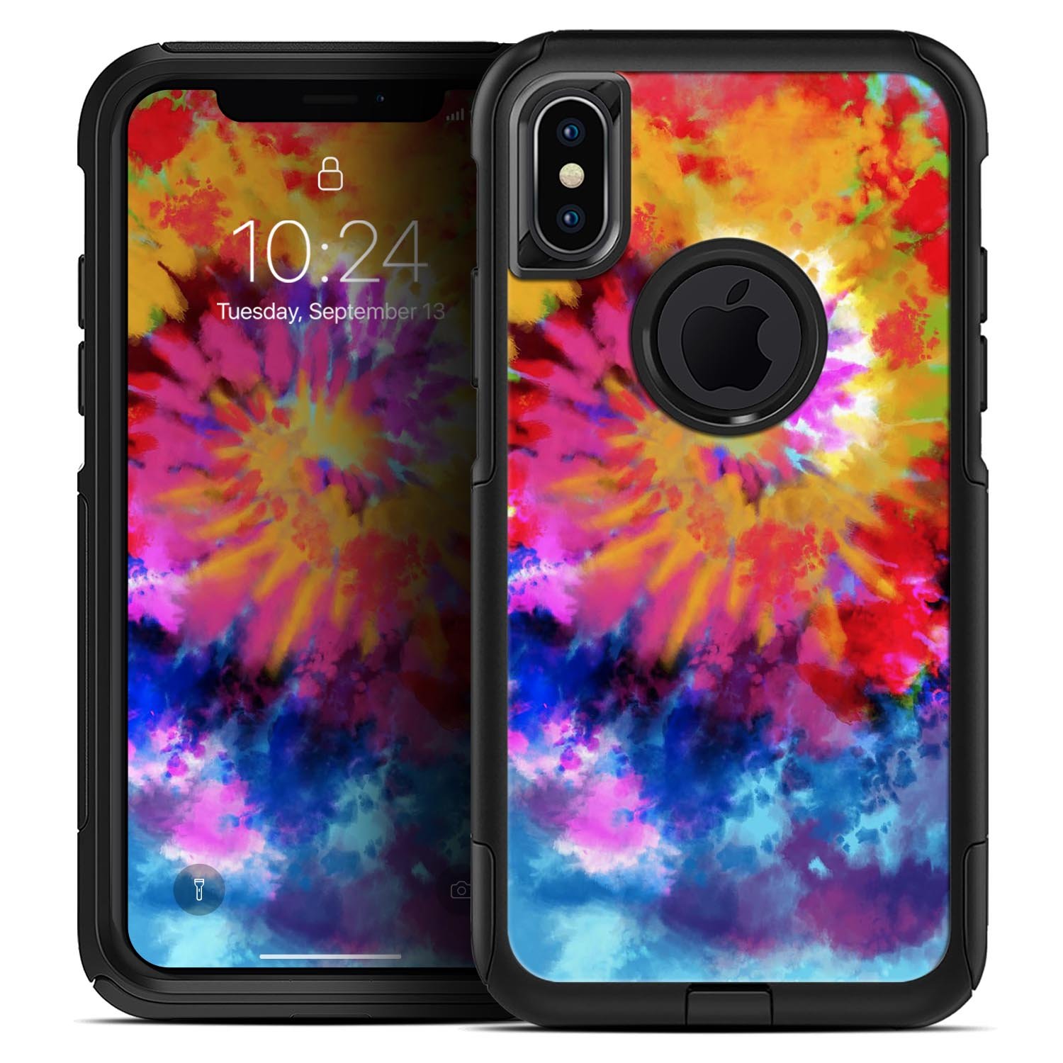 Spiral Tie Dye V8 Skin Kit for iPhone OtterBox cases featuring vibrant colors and a sleek design.