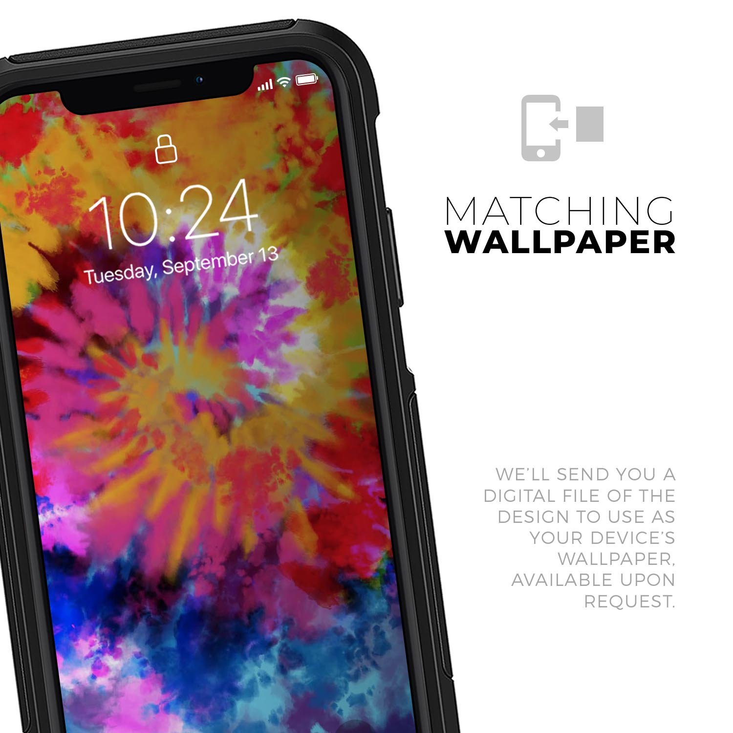 Spiral Tie Dye V8 Skin Kit for iPhone OtterBox cases featuring vibrant colors and a sleek design.