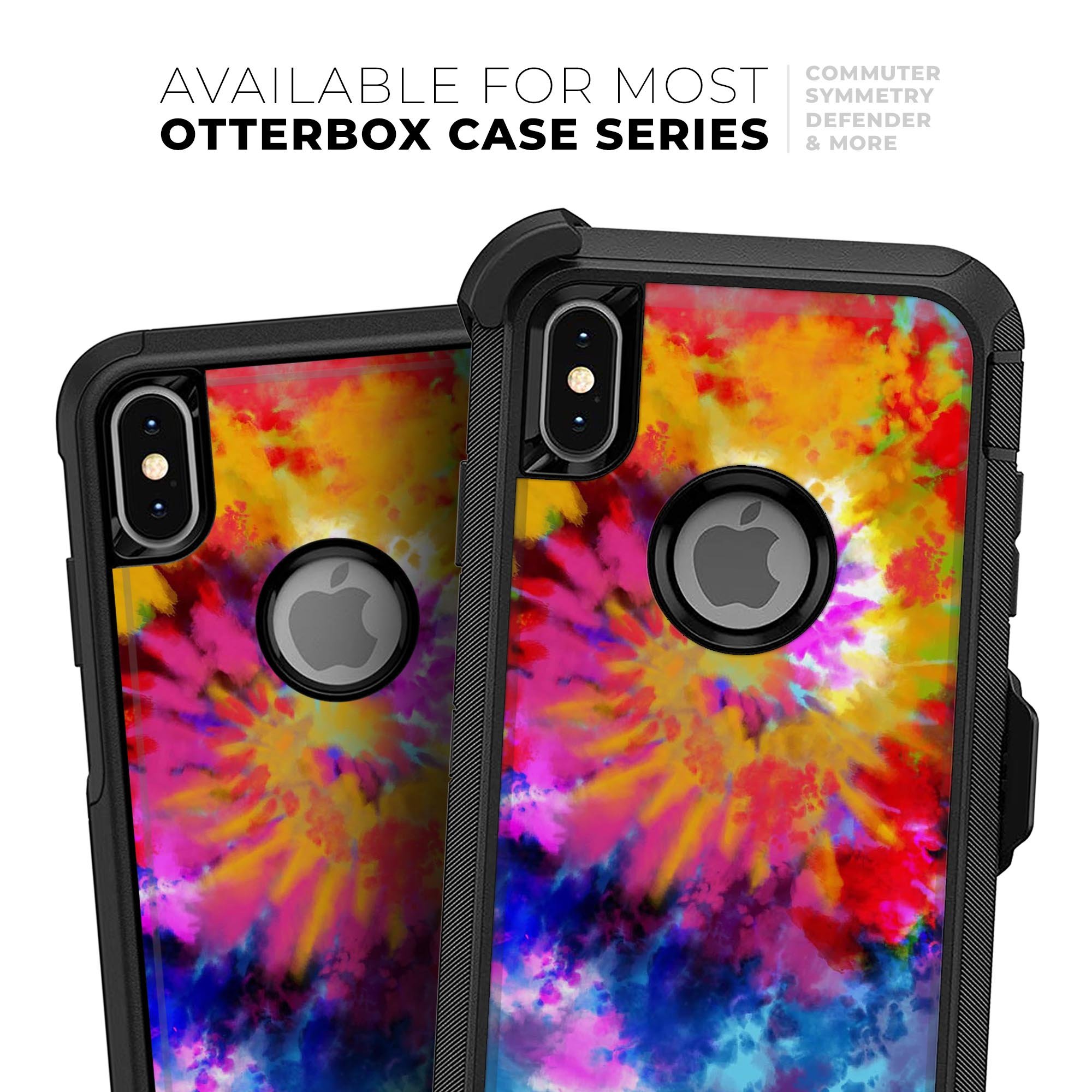 Spiral Tie Dye V8 Skin Kit for iPhone OtterBox cases featuring vibrant colors and a sleek design.