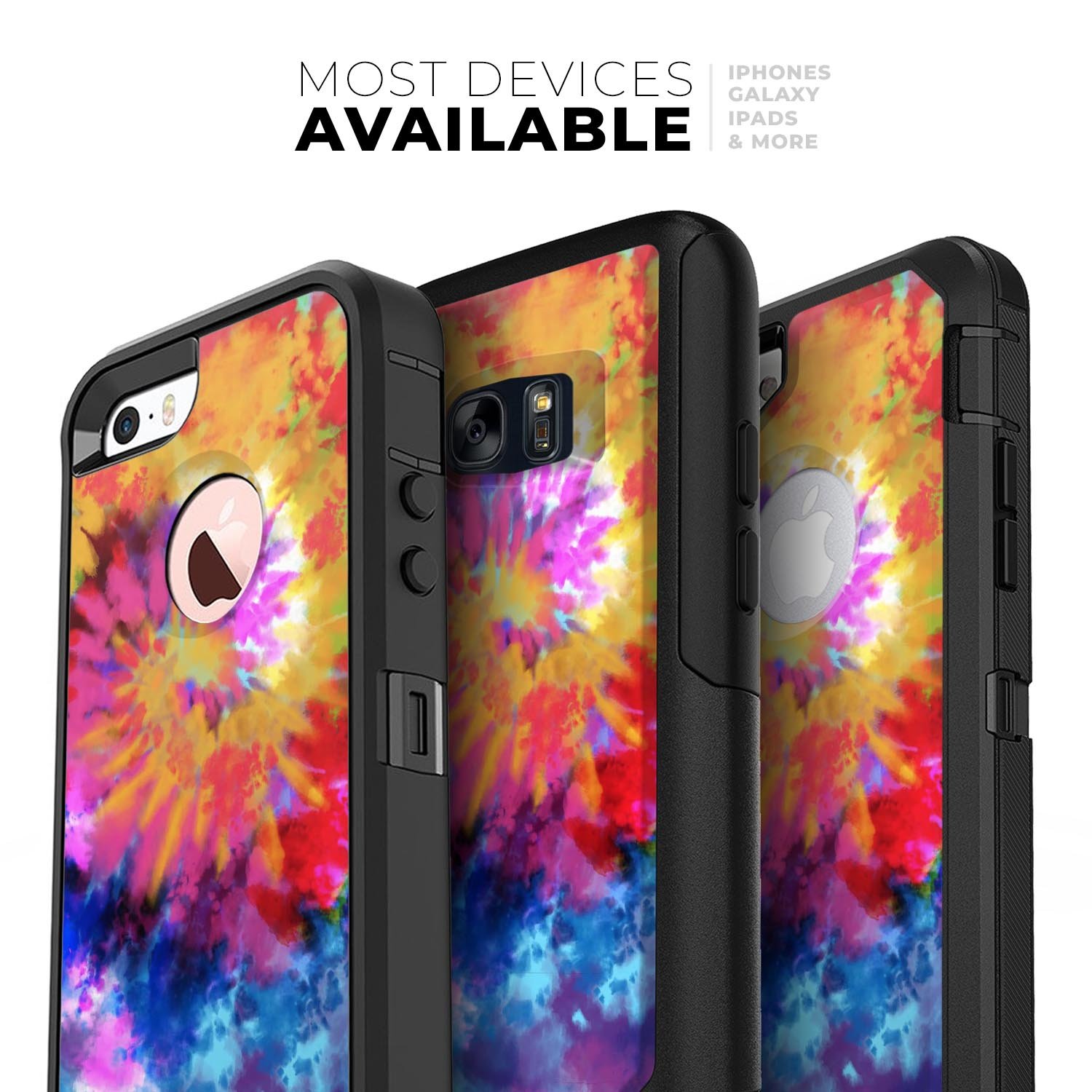 Spiral Tie Dye V8 Skin Kit for iPhone OtterBox cases featuring vibrant colors and a sleek design.