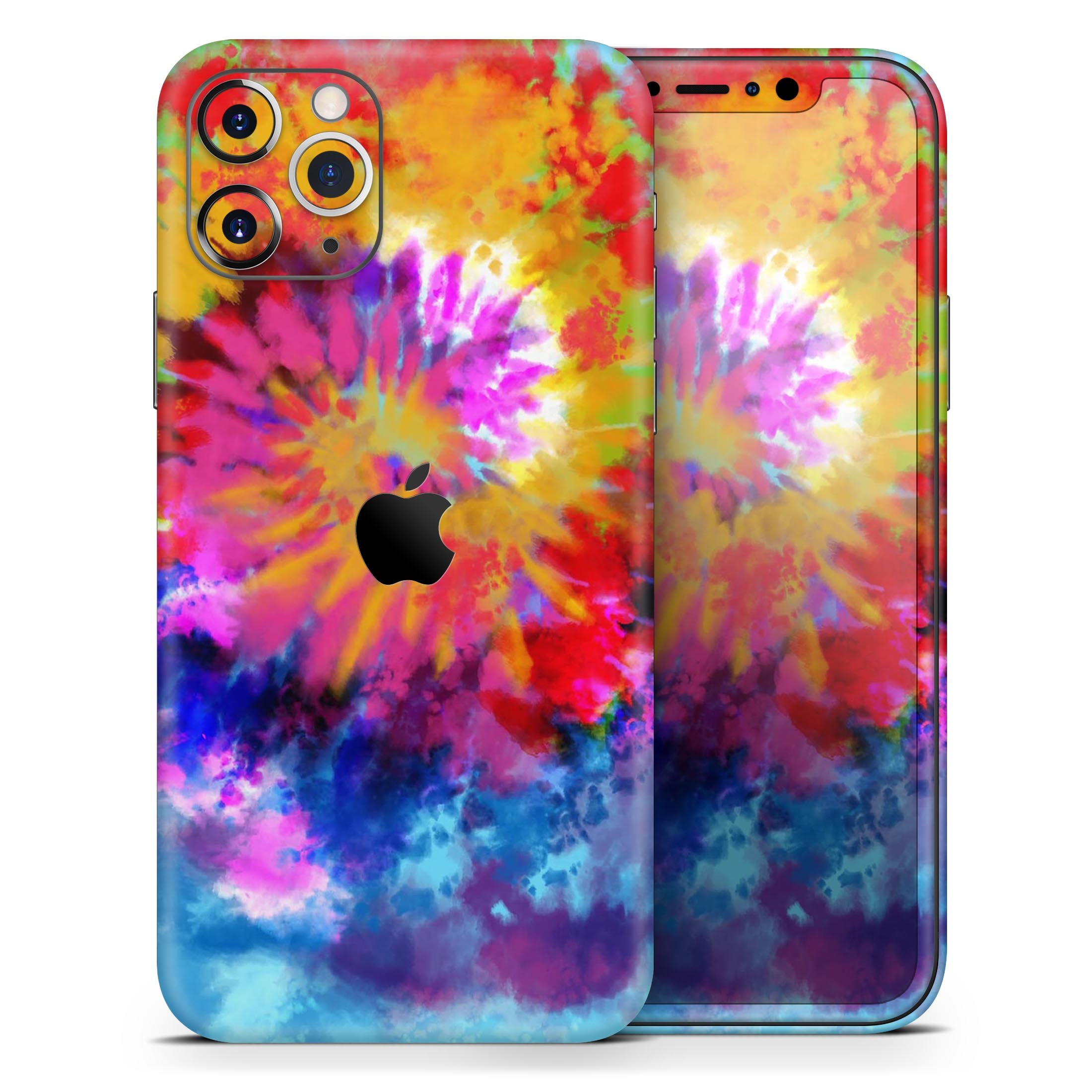 Spiral Tie Dye V8 Skin-Kit for Apple iPhone 14 and 13, showcasing vibrant colors and a sleek design.