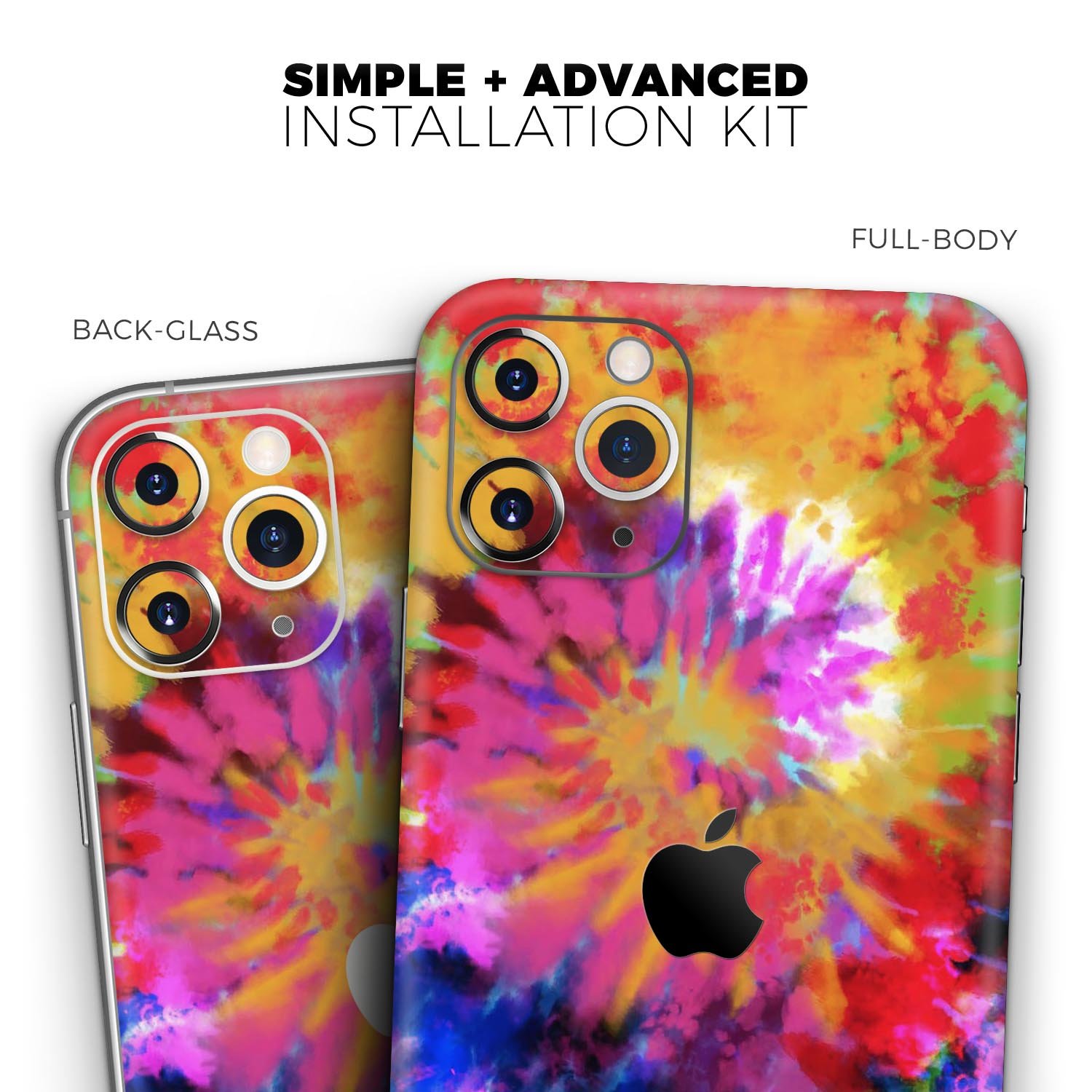 Spiral Tie Dye V8 Skin-Kit for Apple iPhone 14 and 13, showcasing vibrant colors and a sleek design.