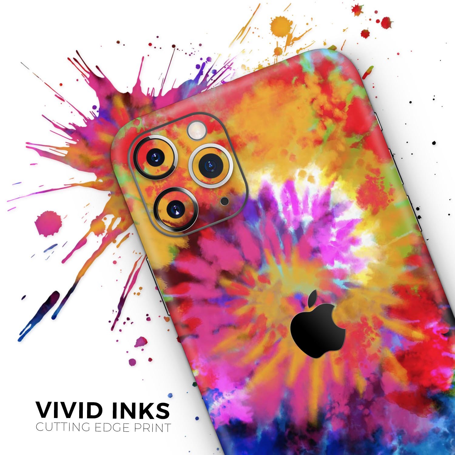 Spiral Tie Dye V8 Skin-Kit for Apple iPhone 14 and 13, showcasing vibrant colors and a sleek design.