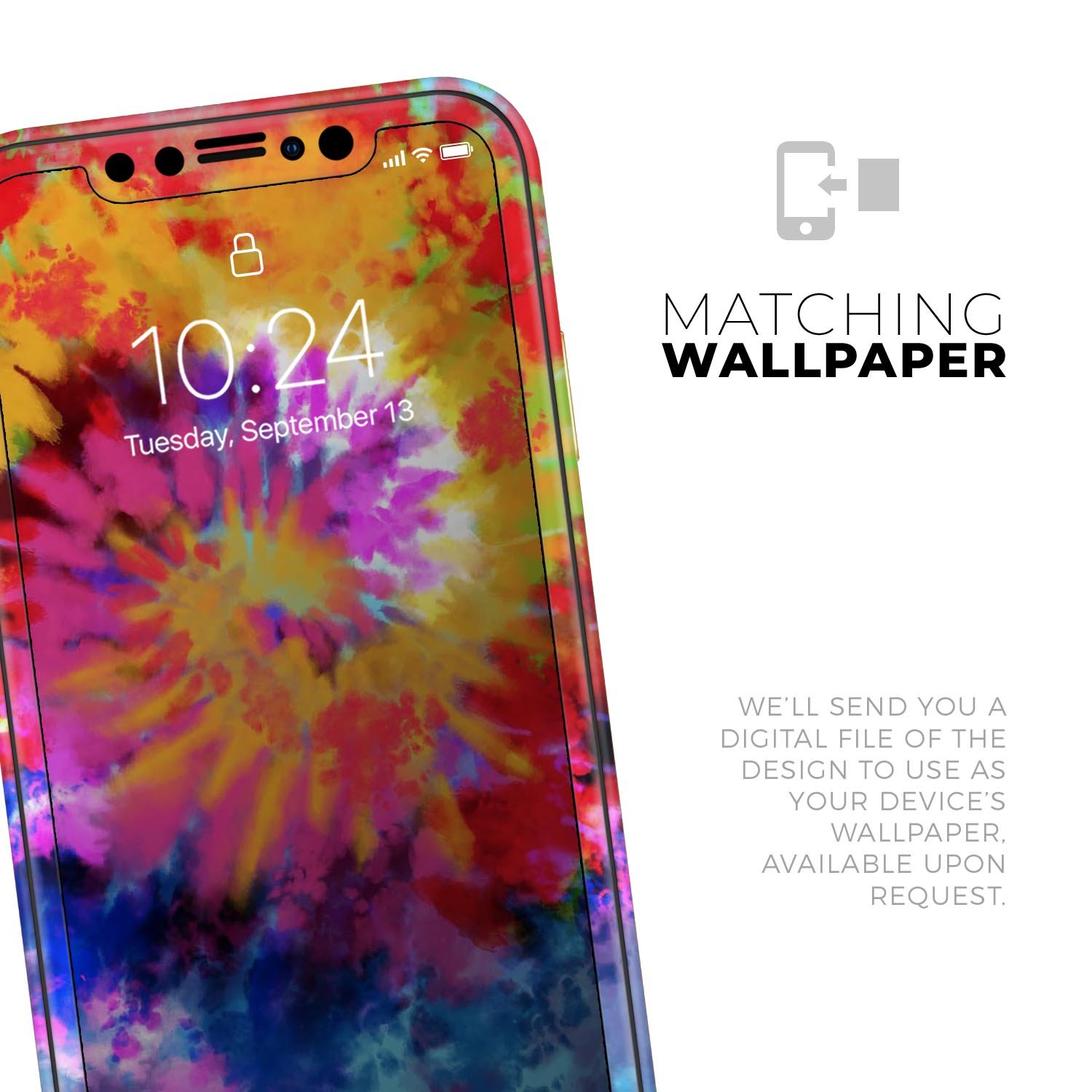 Spiral Tie Dye V8 Skin-Kit for Apple iPhone 14 and 13, showcasing vibrant colors and a sleek design.