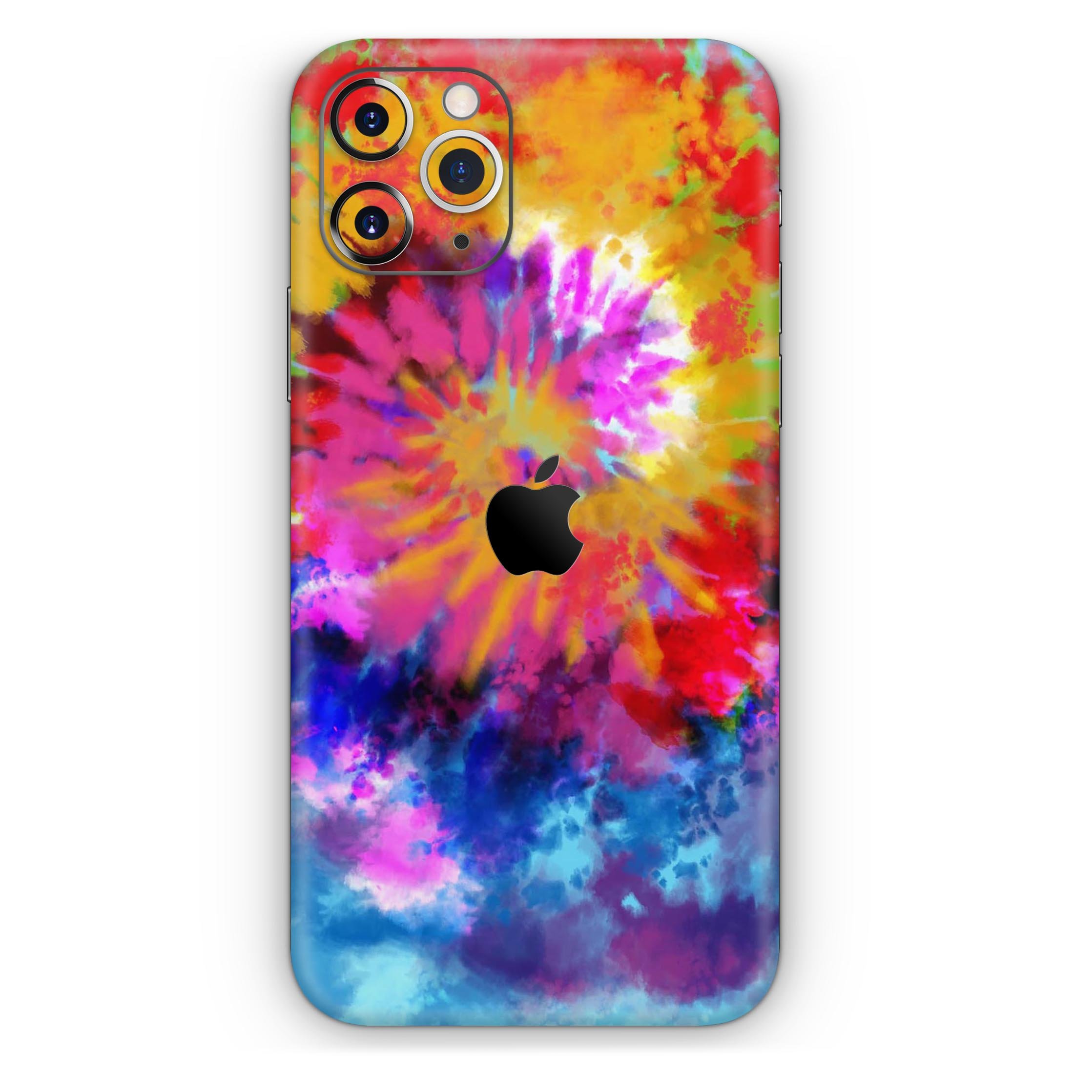 Spiral Tie Dye V8 Skin-Kit for Apple iPhone 14 and 13, showcasing vibrant colors and a sleek design.