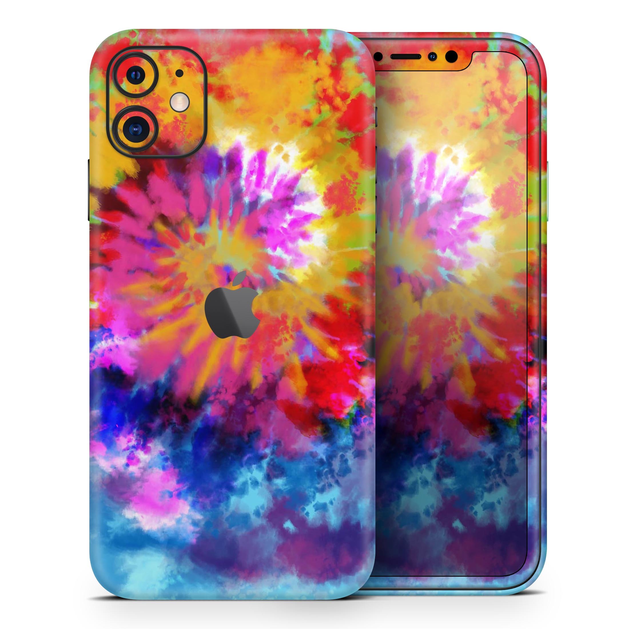 Spiral Tie Dye V8 Skin-Kit for Apple iPhone 14 and 13, showcasing vibrant colors and a sleek design.