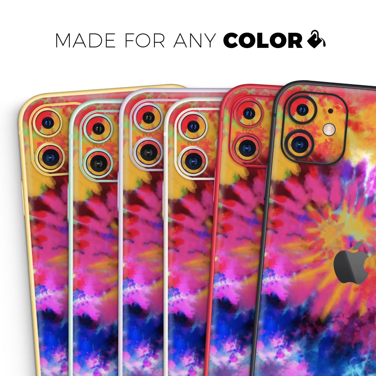 Spiral Tie Dye V8 Skin-Kit for Apple iPhone 14 and 13, showcasing vibrant colors and a sleek design.