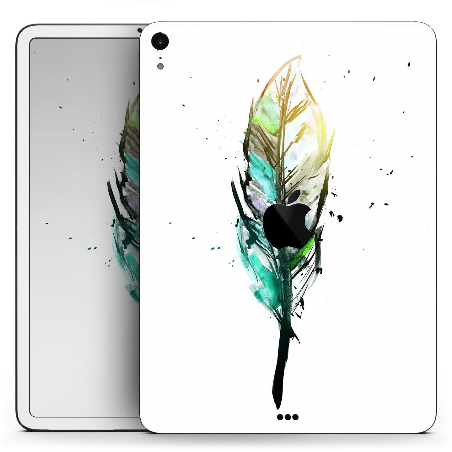 Splatter Watercolor Feather skin decal for Apple iPad, showcasing vibrant colors and artistic design.