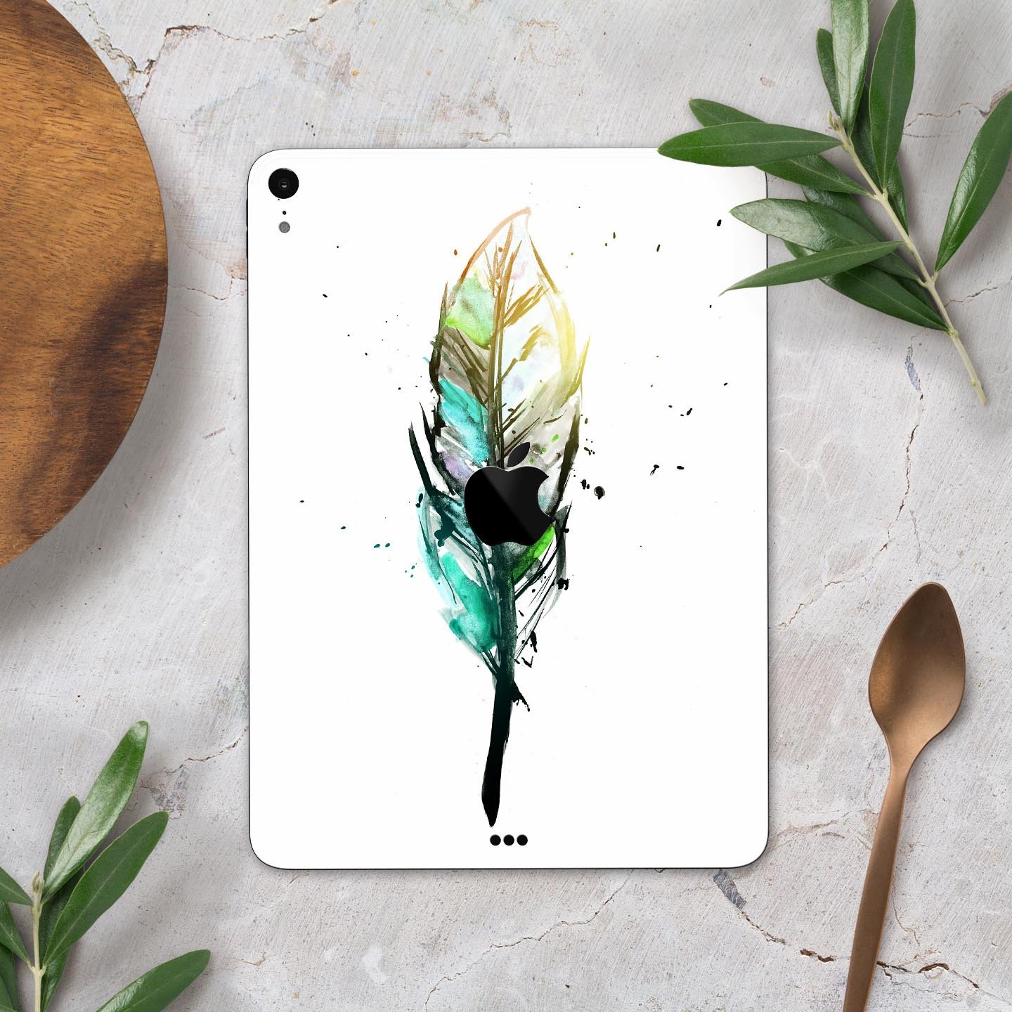 Splatter Watercolor Feather skin decal for Apple iPad, showcasing vibrant colors and artistic design.