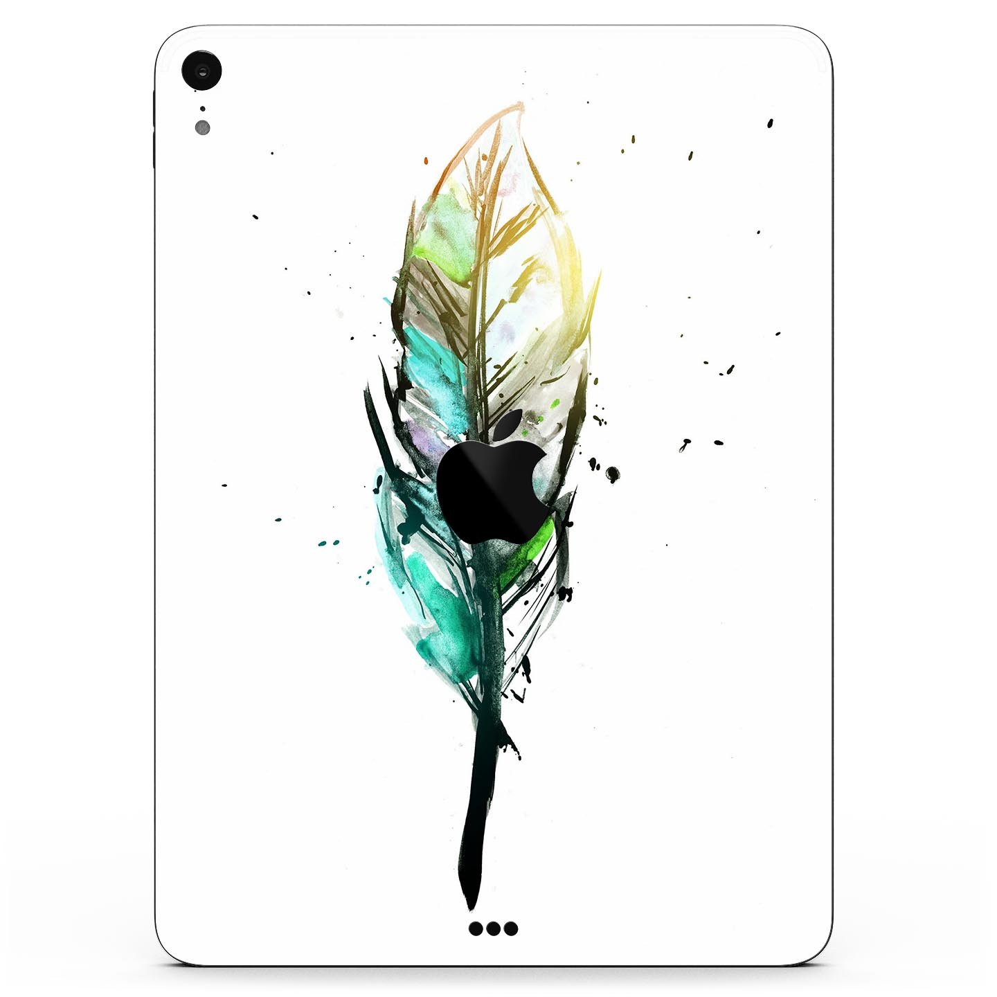 Splatter Watercolor Feather skin decal for Apple iPad, showcasing vibrant colors and artistic design.