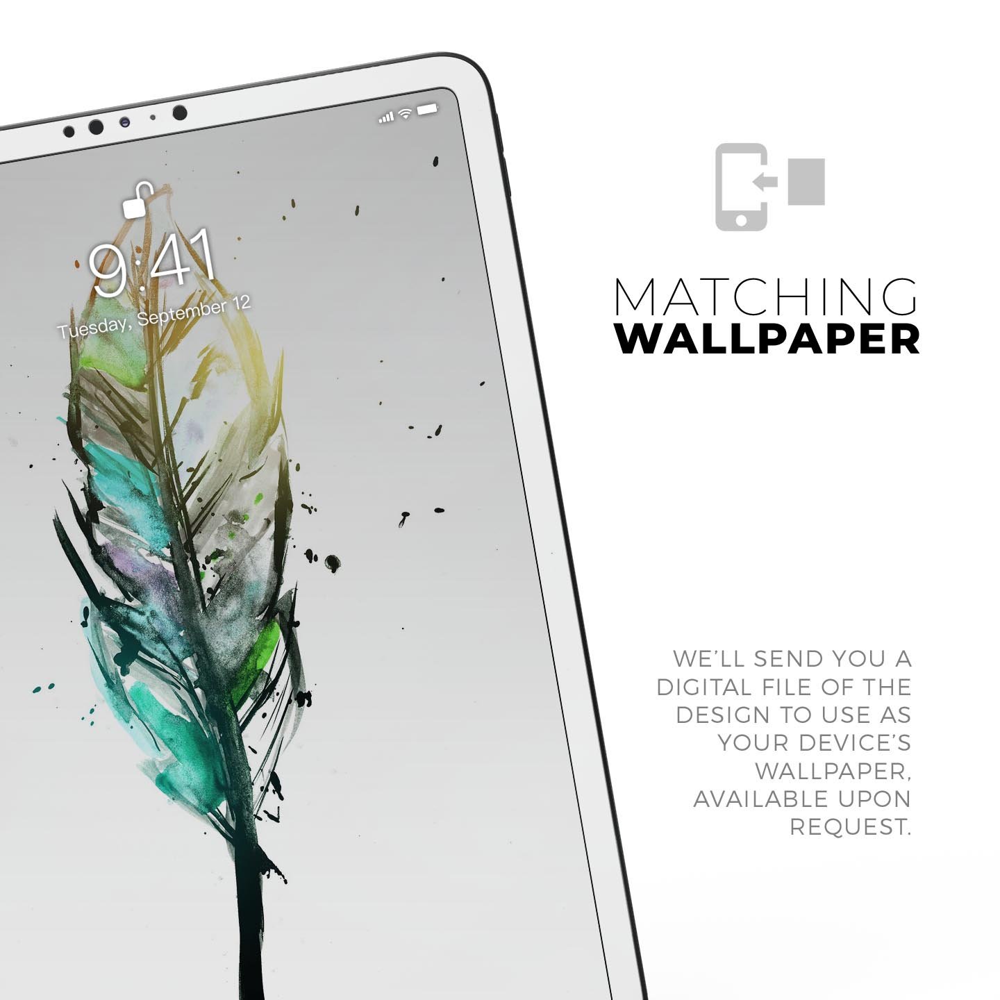 Splatter Watercolor Feather skin decal for Apple iPad, showcasing vibrant colors and artistic design.