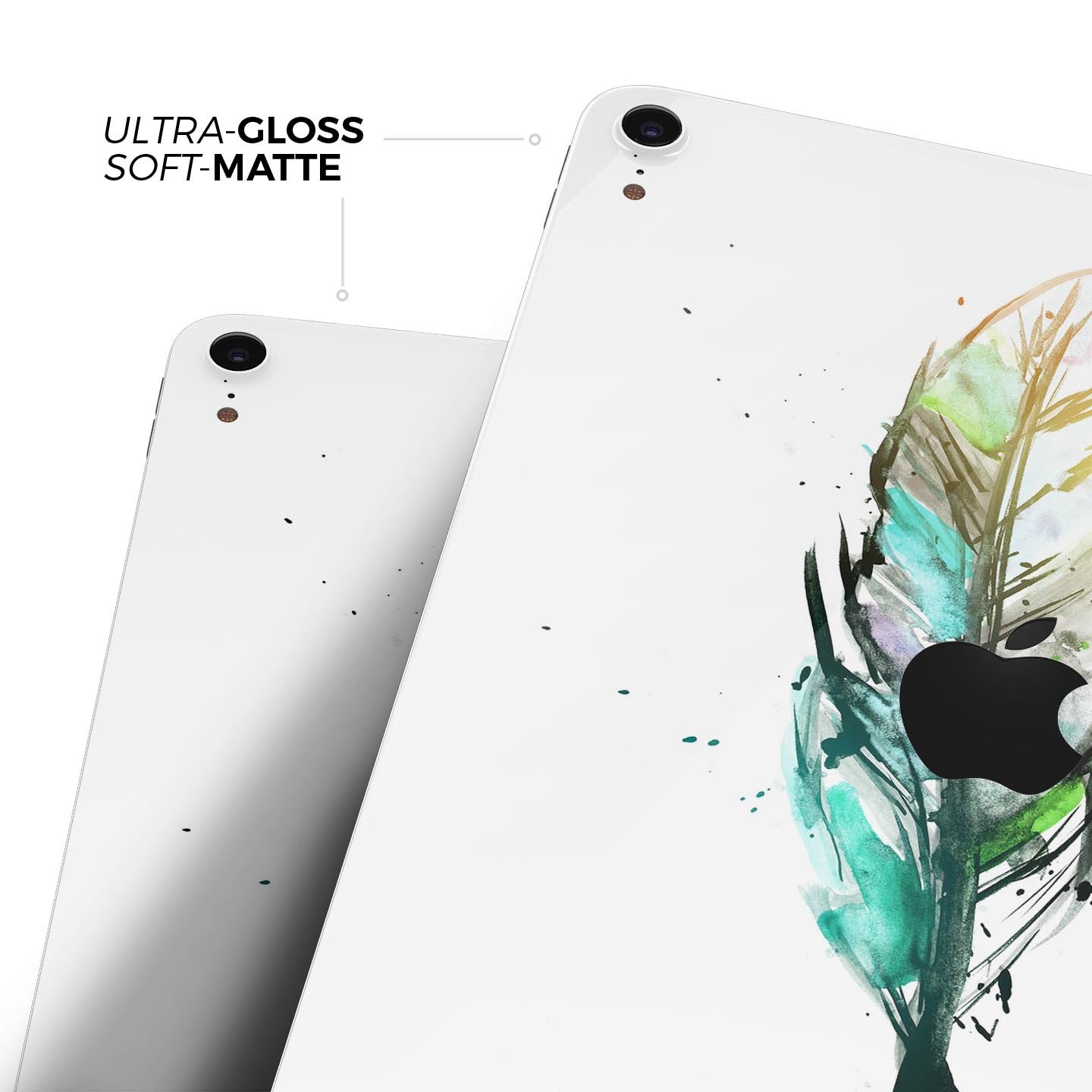 Splatter Watercolor Feather skin decal for Apple iPad, showcasing vibrant colors and artistic design.