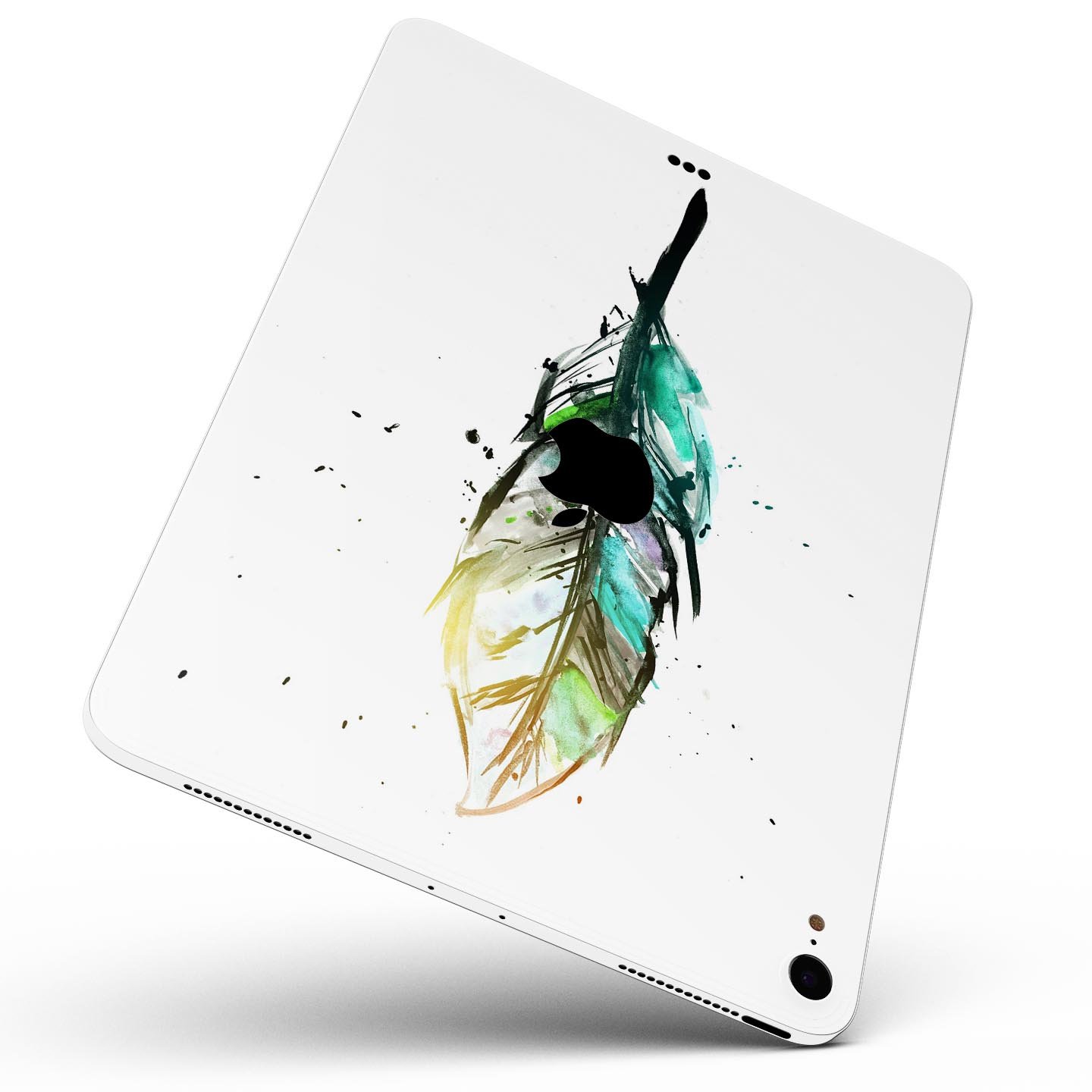 Splatter Watercolor Feather skin decal for Apple iPad, showcasing vibrant colors and artistic design.