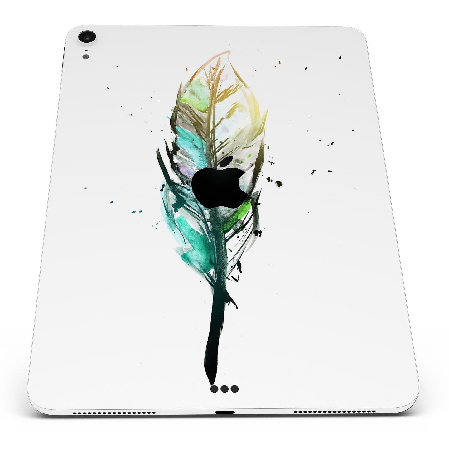 Splatter Watercolor Feather skin decal for Apple iPad, showcasing vibrant colors and artistic design.