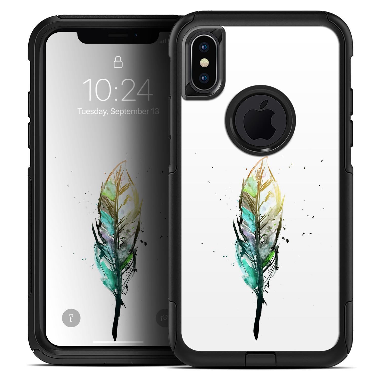 Splatter Watercolor Feather Skin Kit for iPhone OtterBox cases, showcasing vibrant colors and intricate feather design.