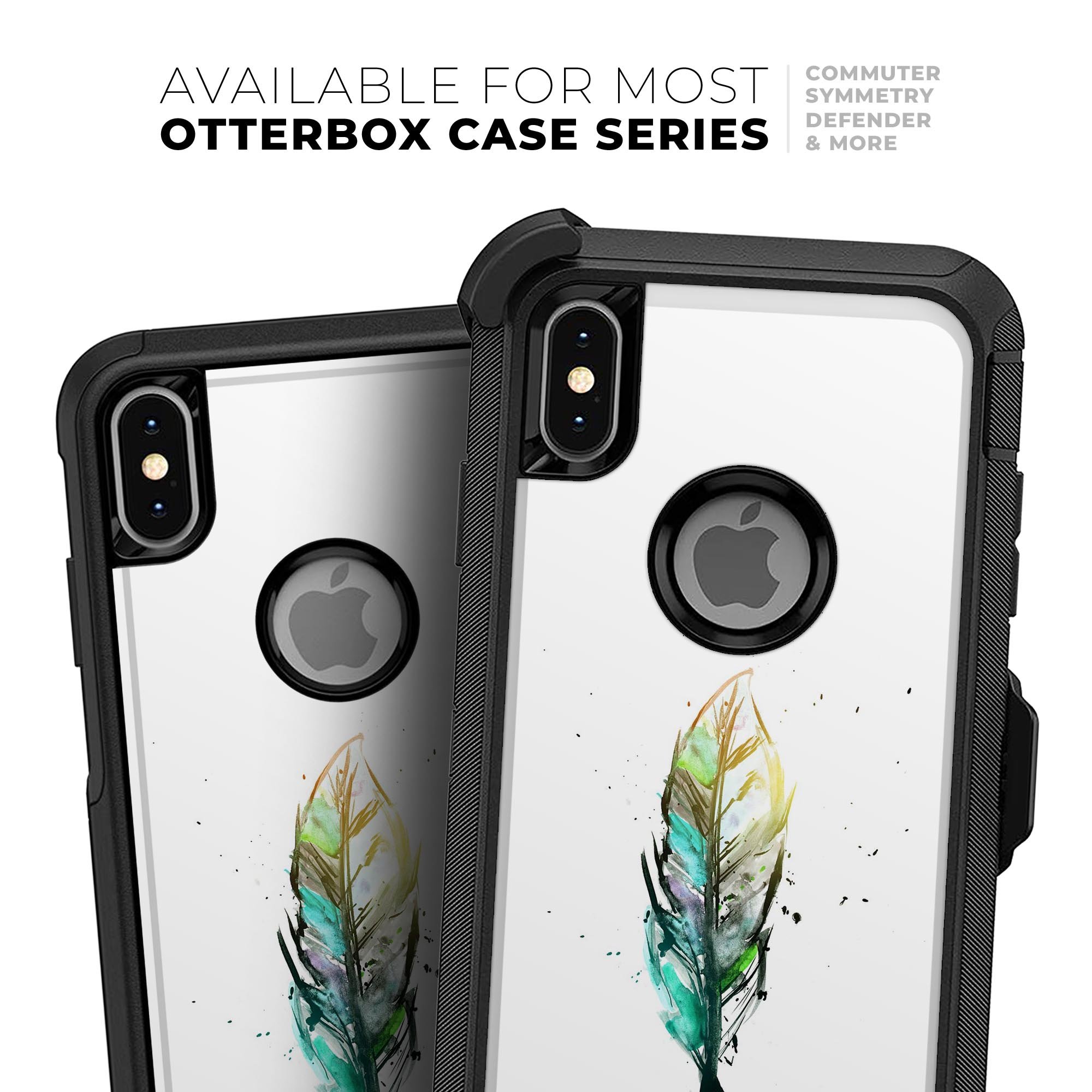 Splatter Watercolor Feather Skin Kit for iPhone OtterBox cases, showcasing vibrant colors and intricate feather design.