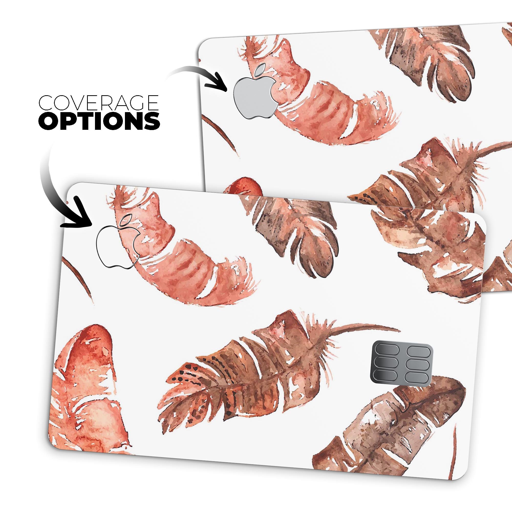 Splattered Burnt Orange Feathers decal skin for Apple Card, showcasing vibrant colors and premium vinyl material.