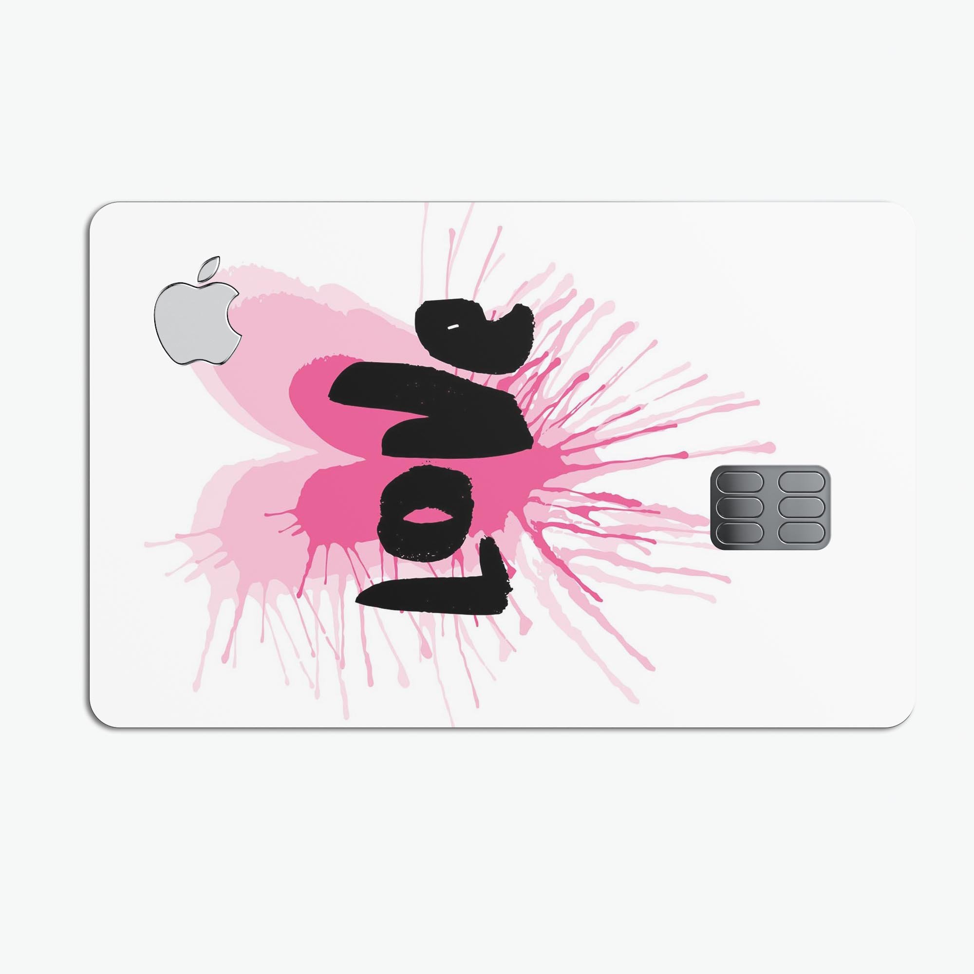 Splattered Pink Love decal skin-kit for Apple Card, showcasing vibrant colors and premium vinyl material.