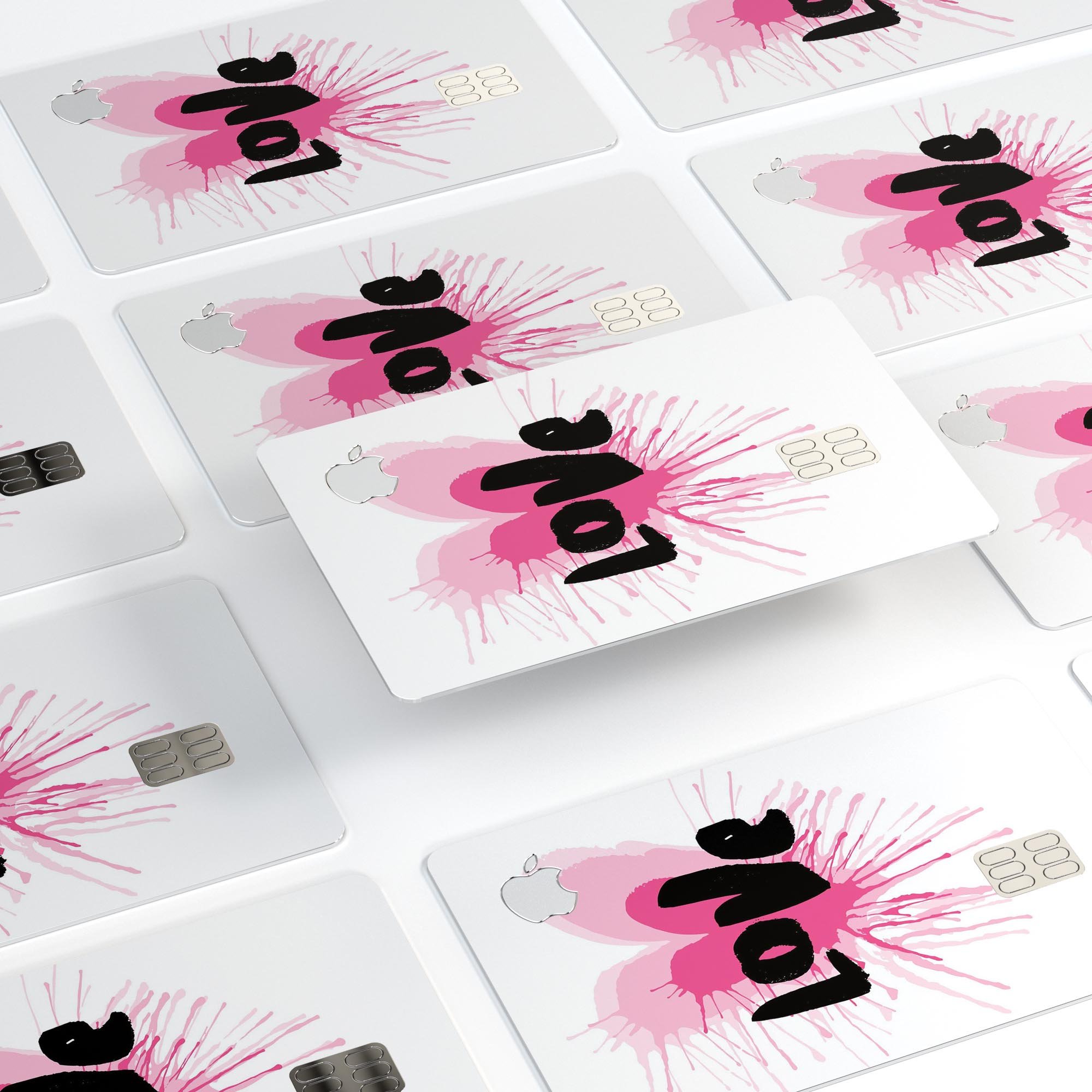 Splattered Pink Love decal skin-kit for Apple Card, showcasing vibrant colors and premium vinyl material.