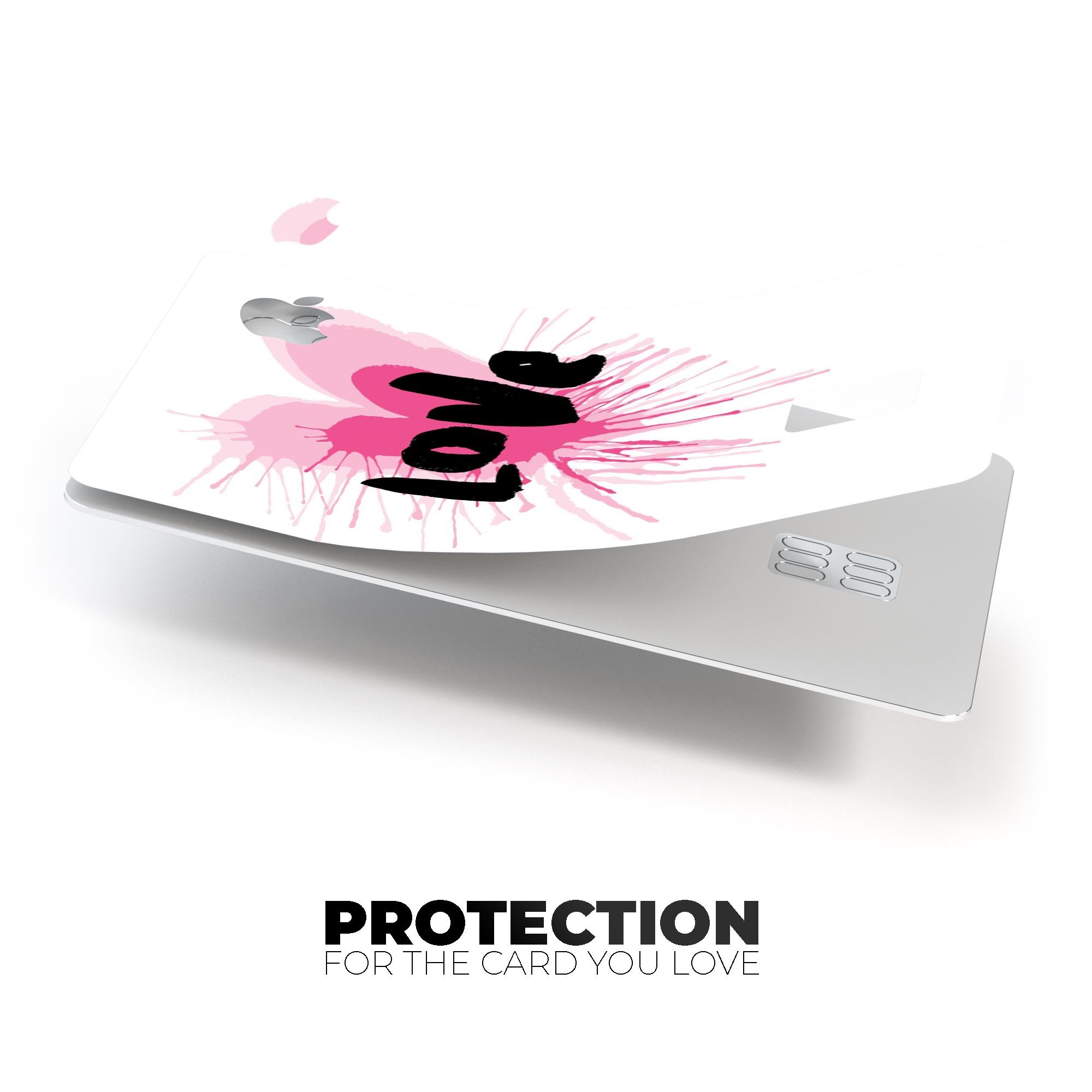 Splattered Pink Love decal skin-kit for Apple Card, showcasing vibrant colors and premium vinyl material.