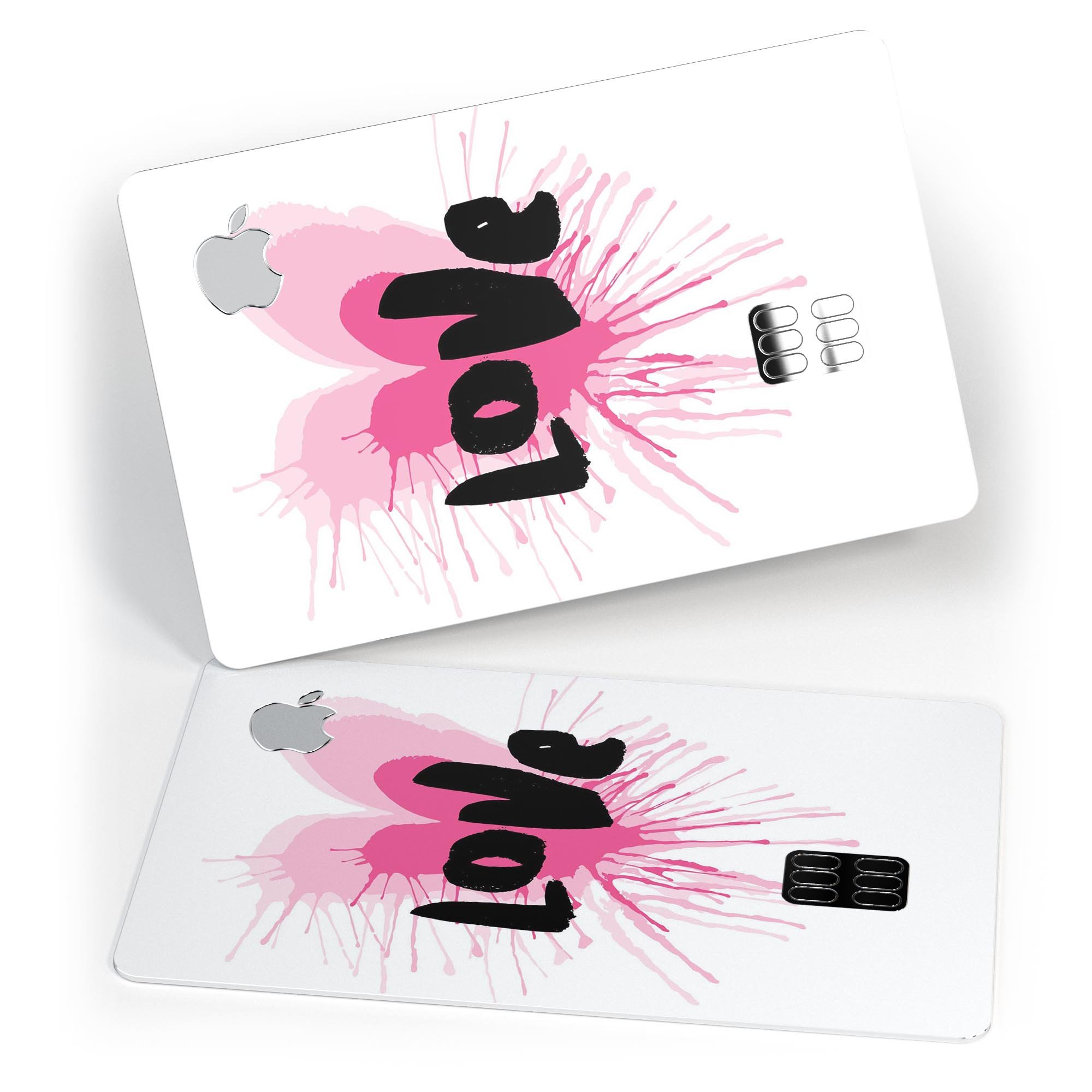 Splattered Pink Love decal skin-kit for Apple Card, showcasing vibrant colors and premium vinyl material.