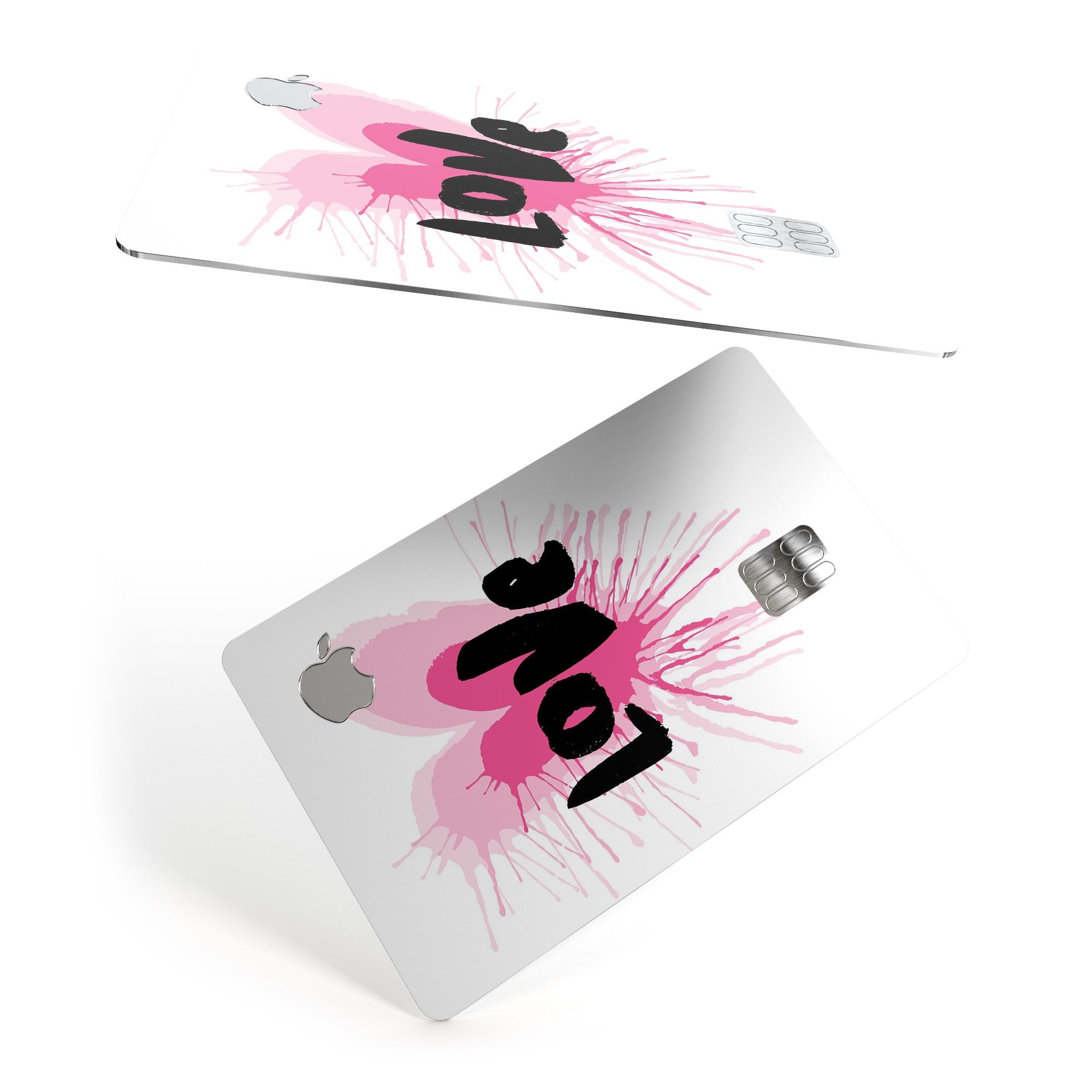 Splattered Pink Love decal skin-kit for Apple Card, showcasing vibrant colors and premium vinyl material.