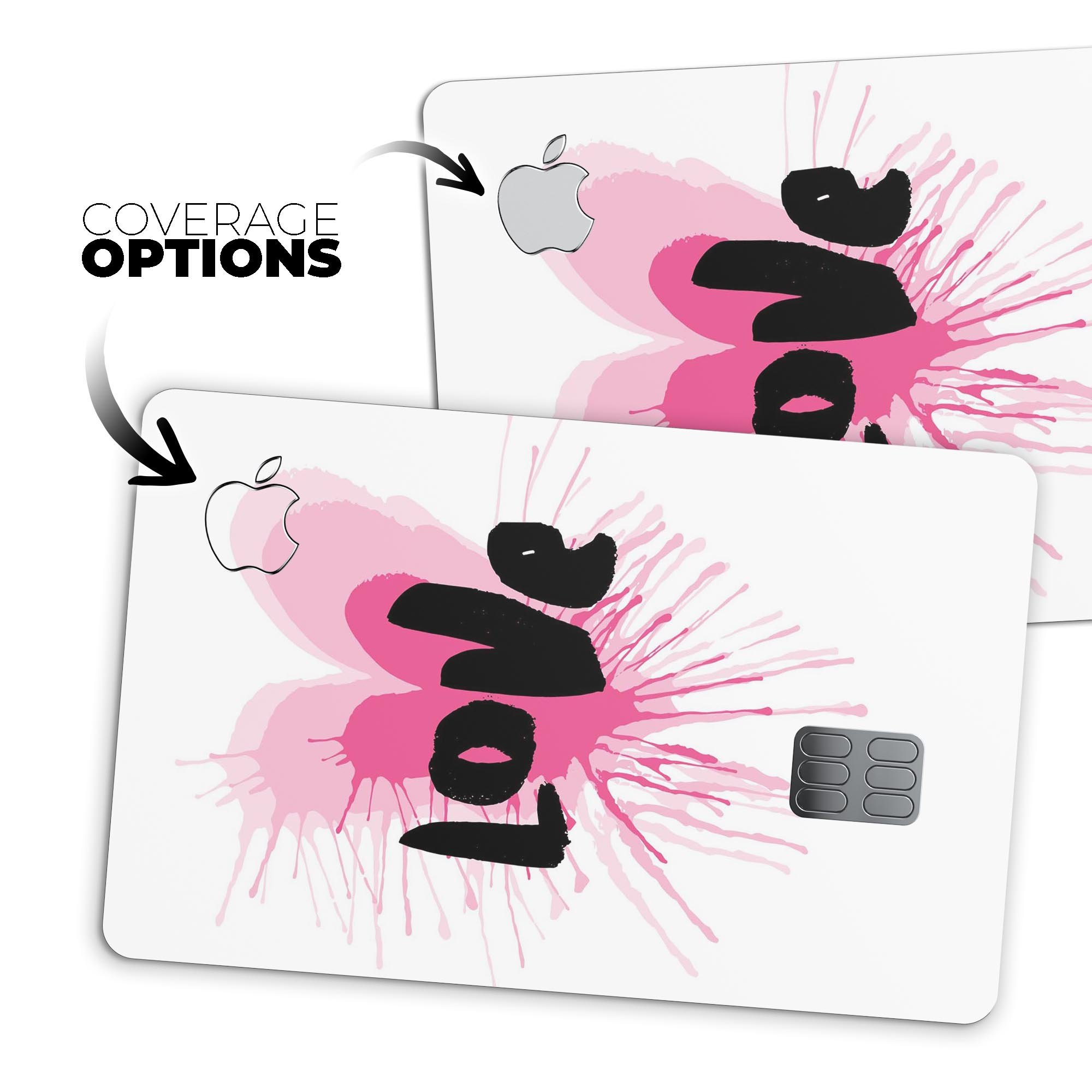 Splattered Pink Love decal skin-kit for Apple Card, showcasing vibrant colors and premium vinyl material.