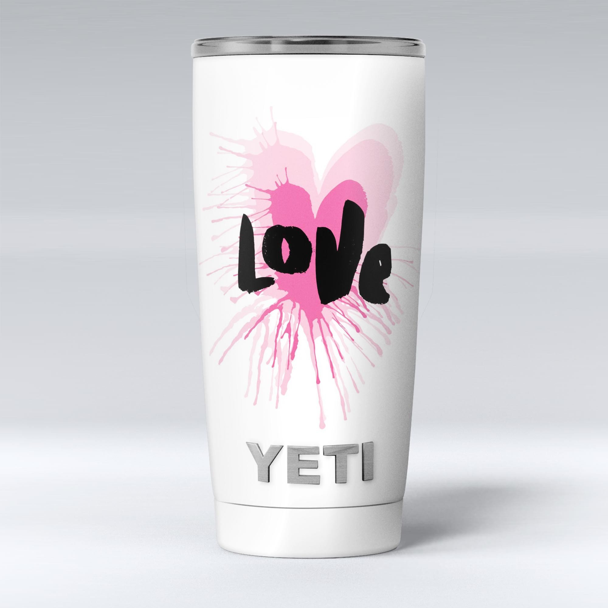 Splattered Pink Love skin decal vinyl wrap kit for Yeti Cooler, showcasing vibrant colors and a stylish design.