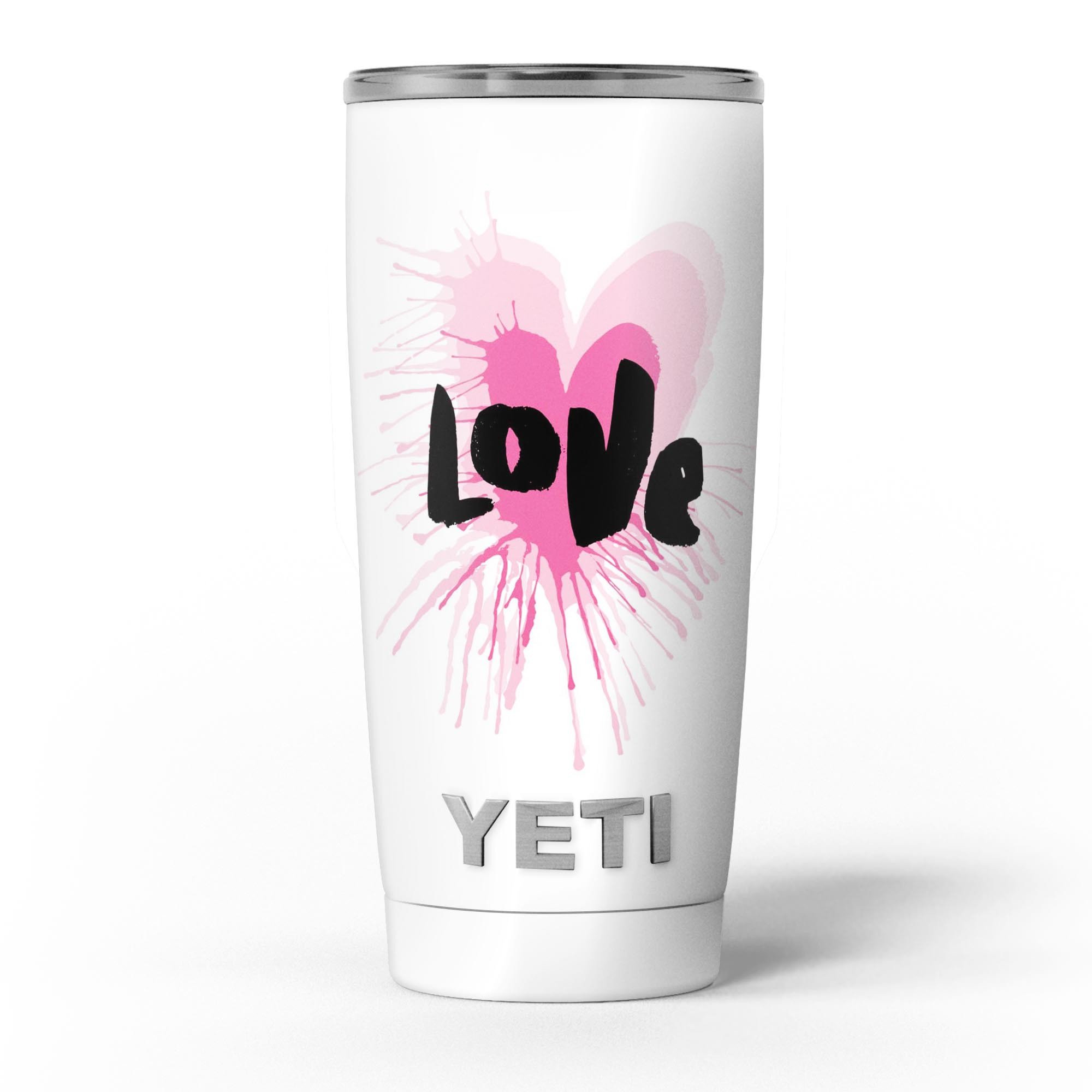 Splattered Pink Love skin decal vinyl wrap kit for Yeti Cooler, showcasing vibrant colors and a stylish design.