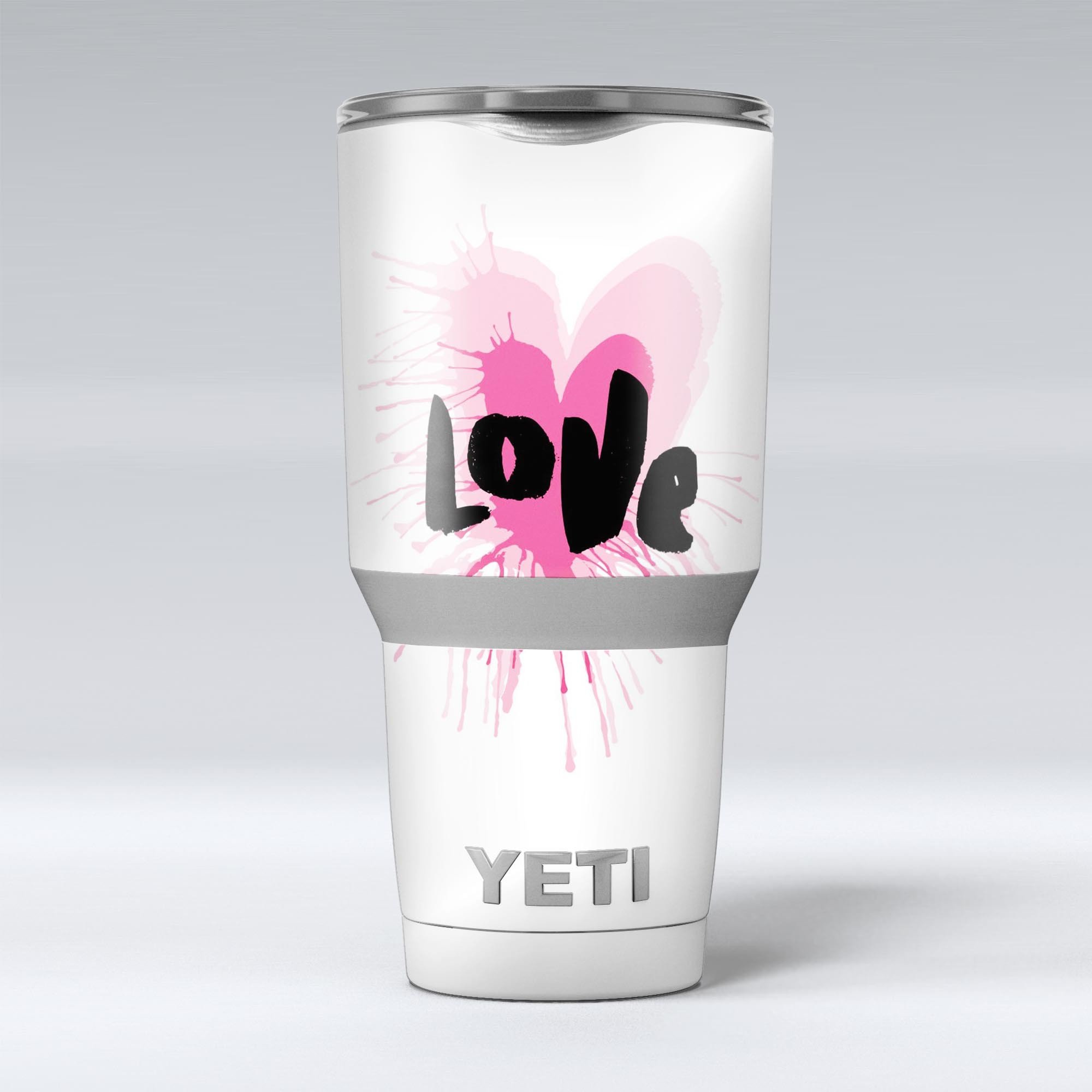 Splattered Pink Love skin decal vinyl wrap kit for Yeti Cooler, showcasing vibrant colors and a stylish design.