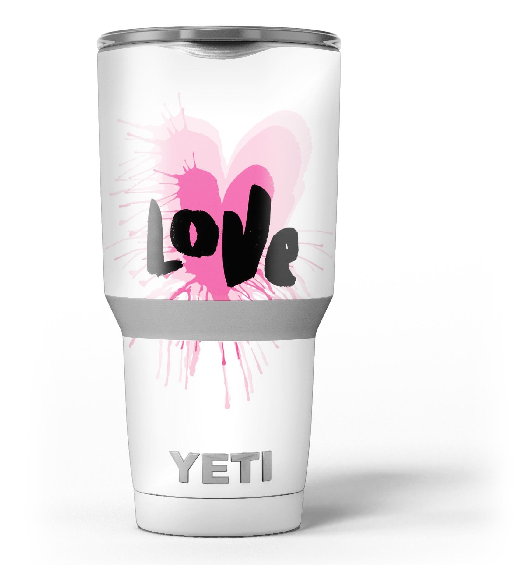 Splattered Pink Love skin decal vinyl wrap kit for Yeti Cooler, showcasing vibrant colors and a stylish design.