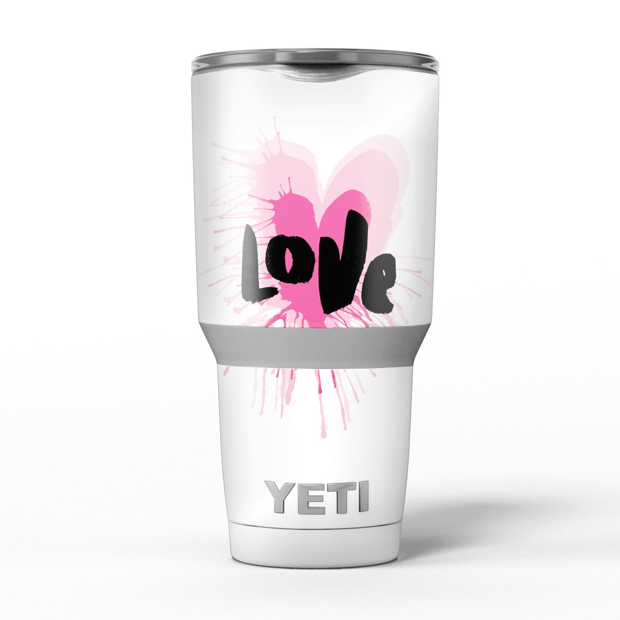 Splattered Pink Love skin decal vinyl wrap kit for Yeti Cooler, showcasing vibrant colors and a stylish design.