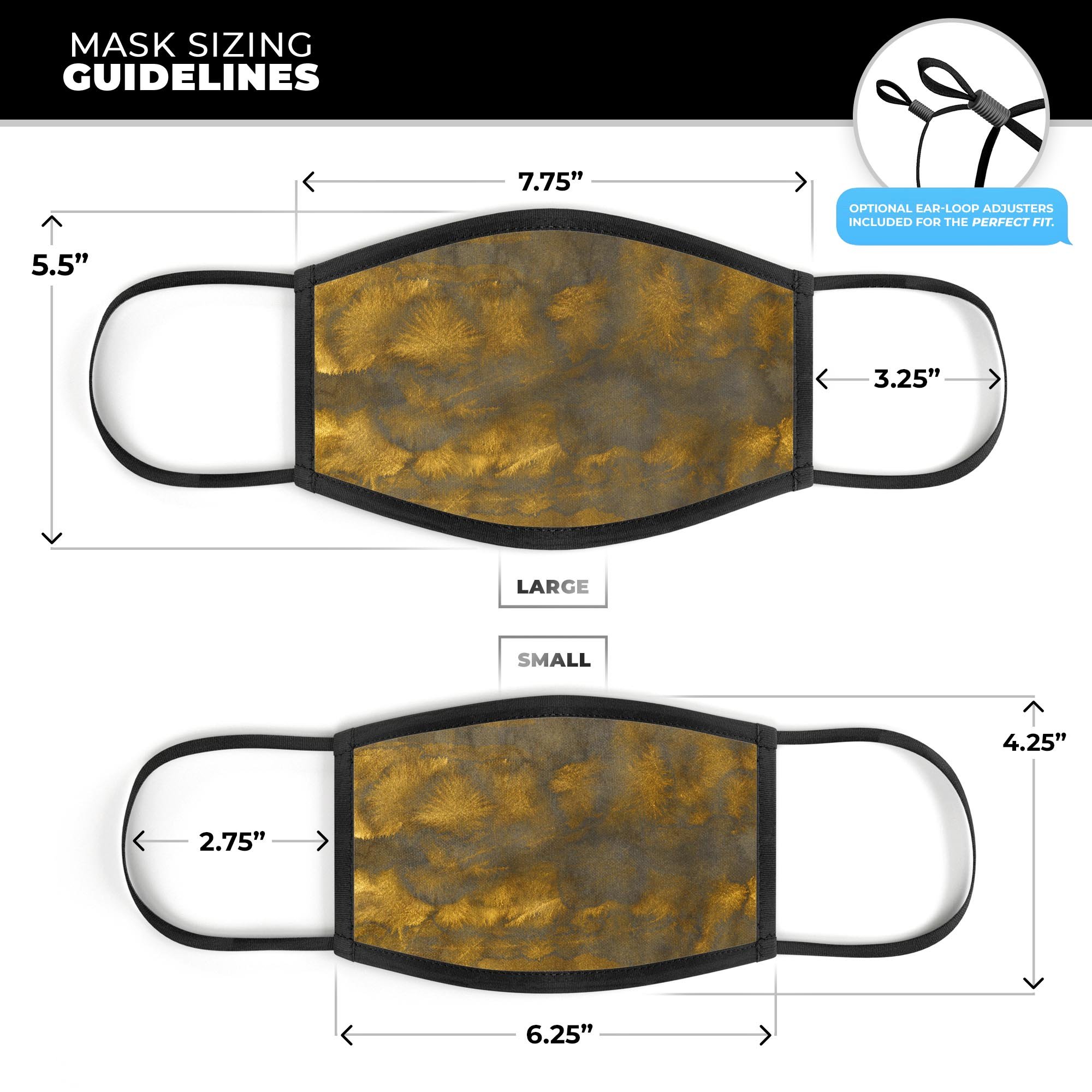 Splotched Golden Fibers V2 mouth cover, featuring a vibrant design, adjustable ear-loops, and a soft cotton interior for comfort.