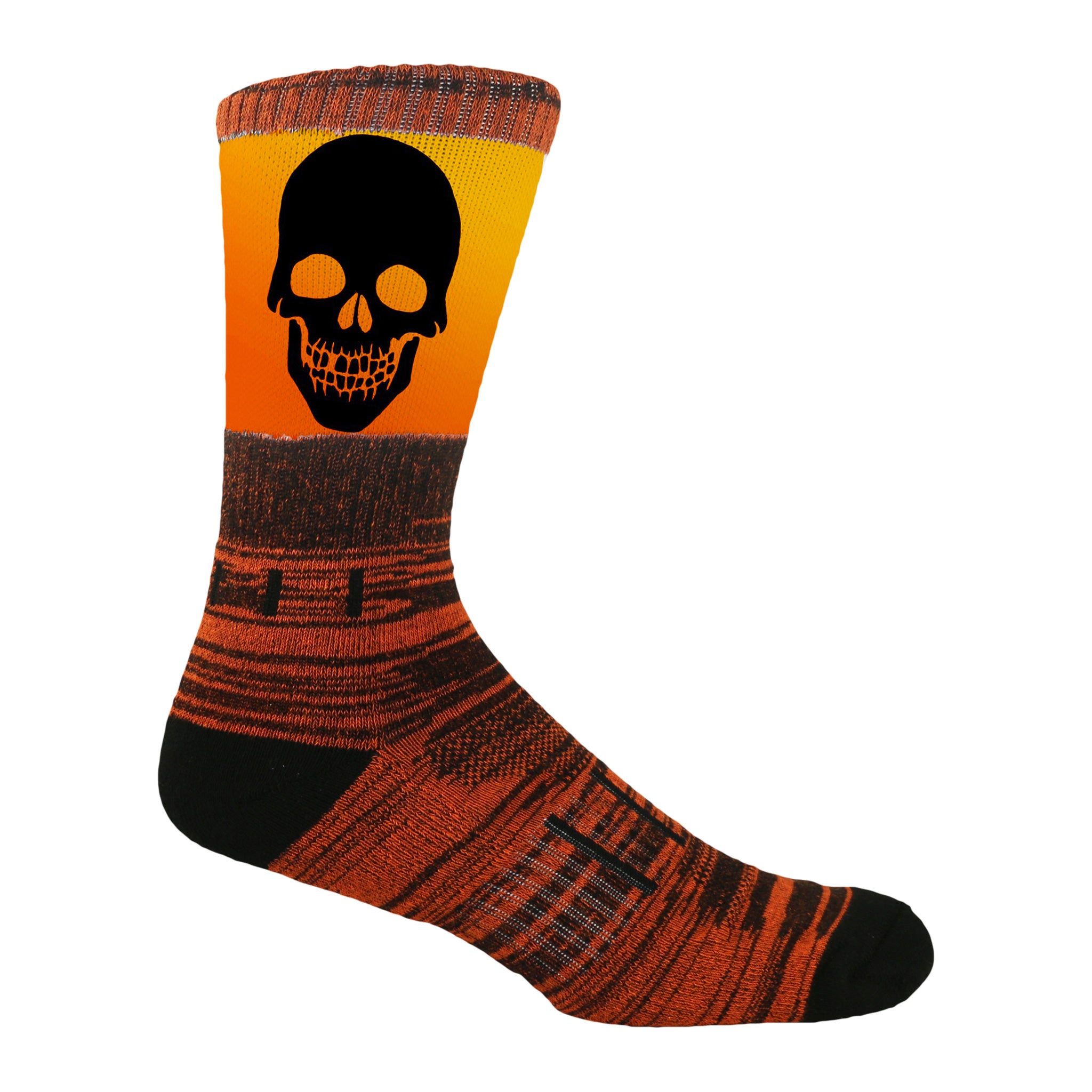 A pair of vibrant orange crew socks featuring a spooky black skeleton face design, perfect for Halloween festivities.