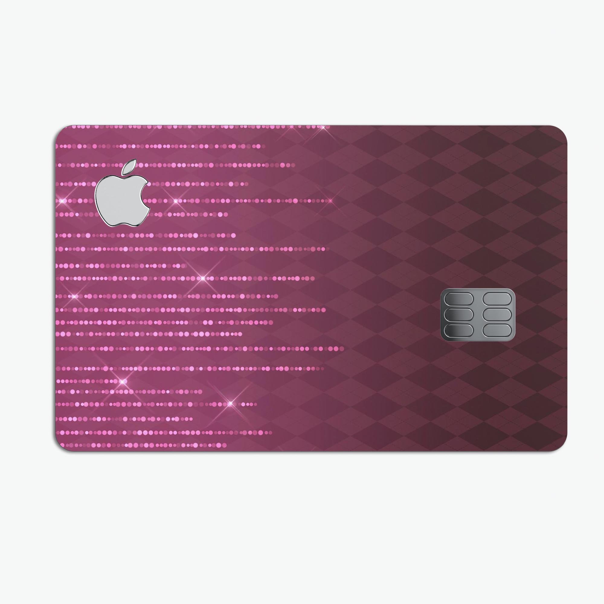 Sparkling Pink Orbs over Burgundy Diamonds decal for Apple Card, showcasing vibrant colors and premium vinyl material.