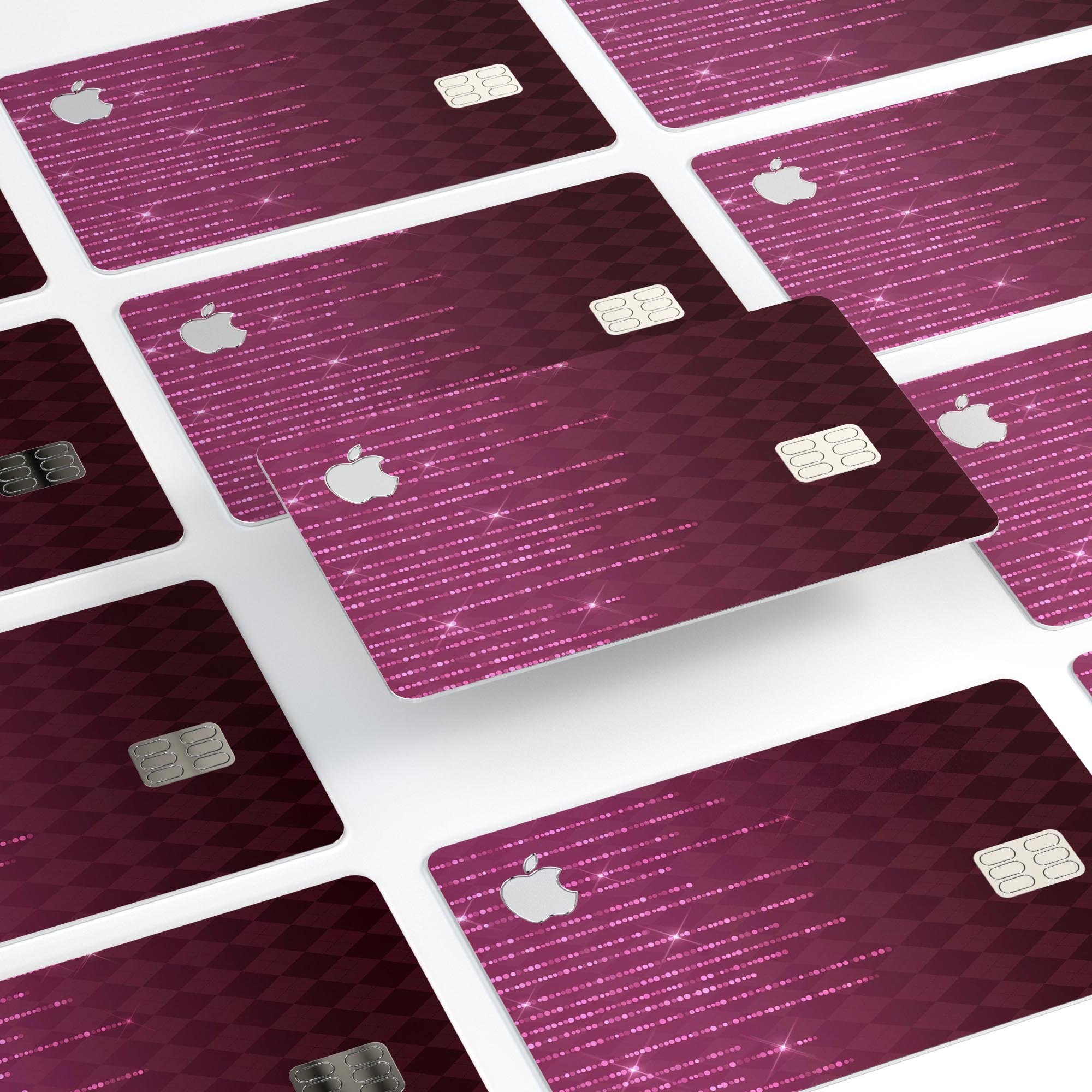 Sparkling Pink Orbs over Burgundy Diamonds decal for Apple Card, showcasing vibrant colors and premium vinyl material.