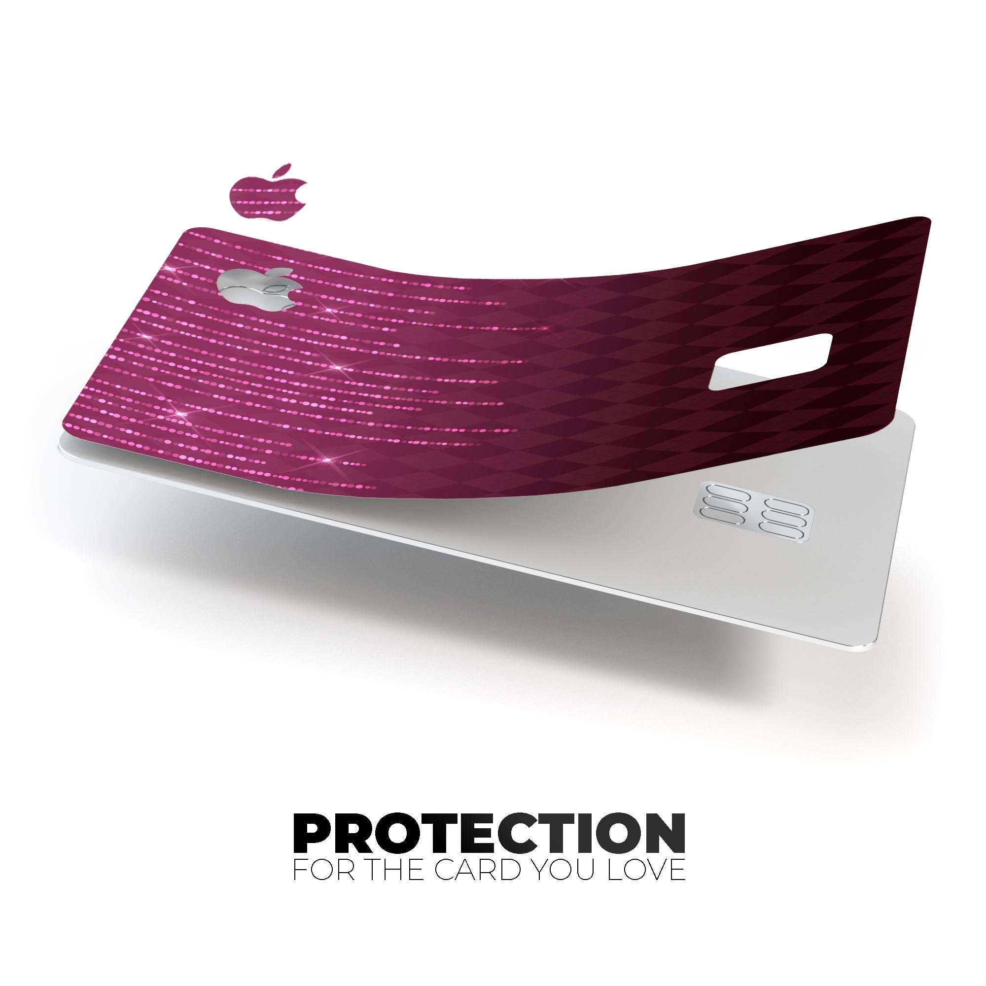 Sparkling Pink Orbs over Burgundy Diamonds decal for Apple Card, showcasing vibrant colors and premium vinyl material.